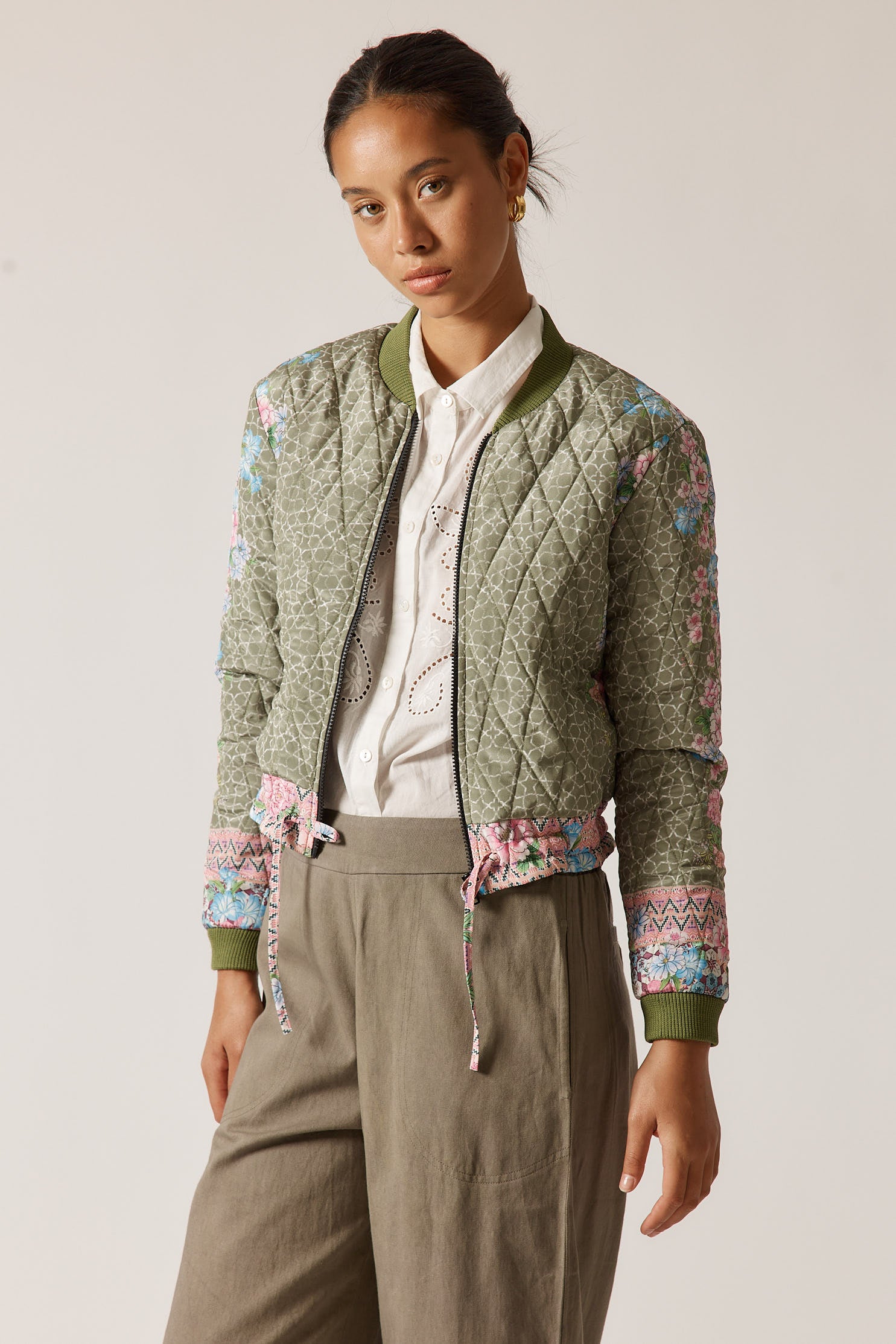 RubyYaya Daisy duke Vintage & retro all over floral print statement  bold print quilted bomber jacket women’s fashion  blush pink and khaki green  