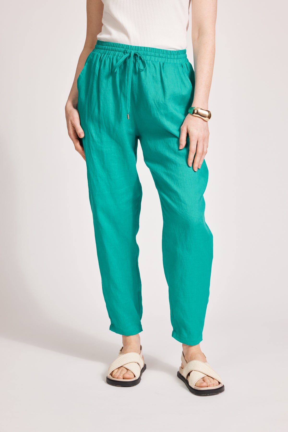 Eb&amp;Ive Miramar Linen pant Relaxed linen jogger summer drawstring waist slim tapered leg lagoon blue 