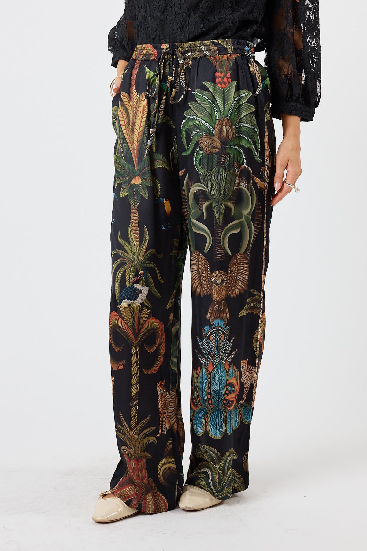 LulaSoul cheetah Vintage & retro all over jungle print statement bold Animal print with palms soft satin straight leg pant  Side stripe  women’s fashion matching set coordinates two piece black