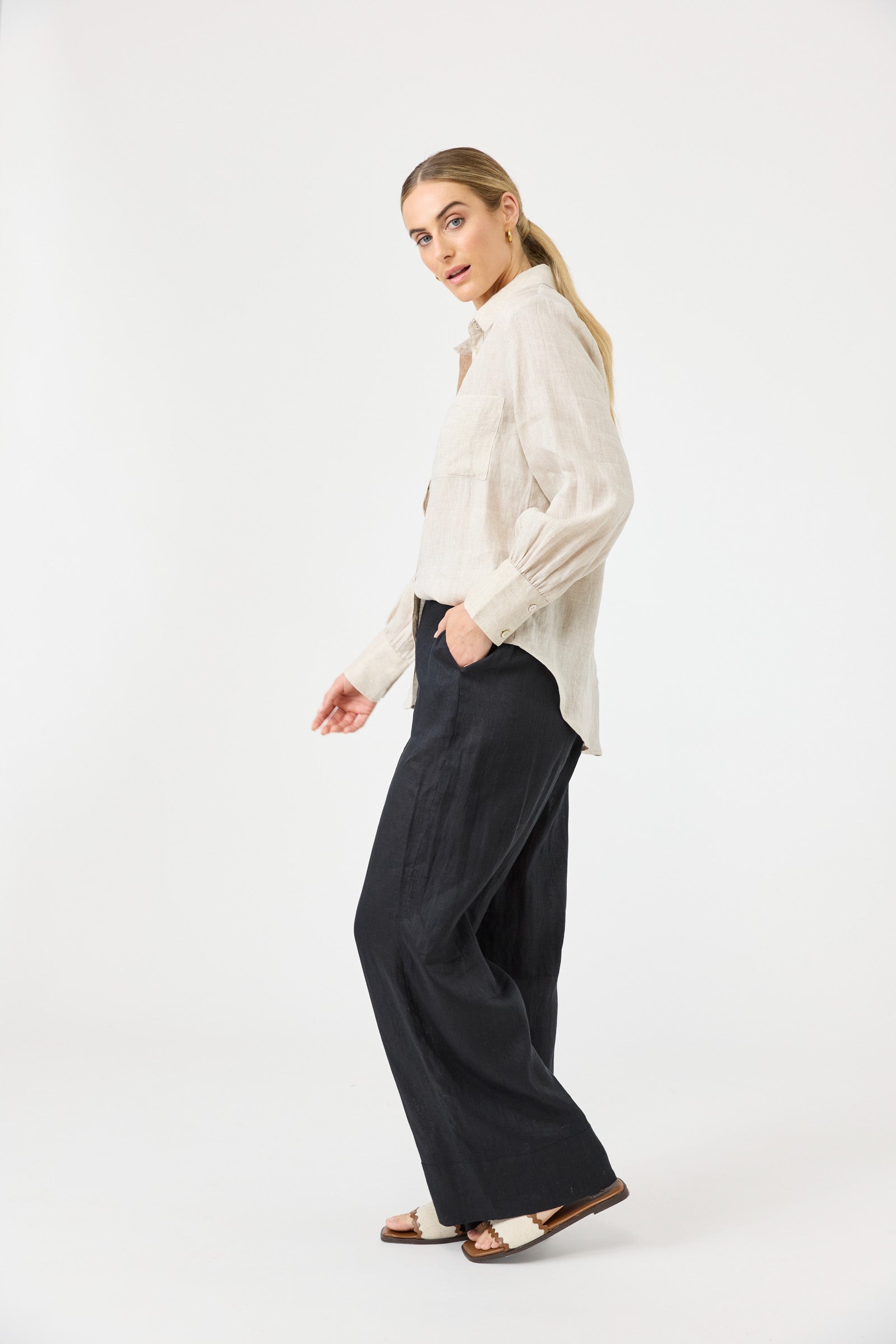 Eb&Ive Studio Linen Straight Wide Leg Pant Black Long Work Pant