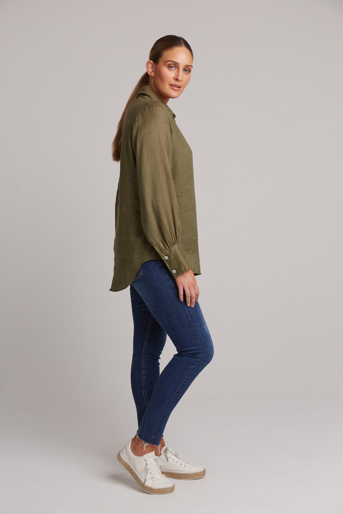 Eb&amp;Ive Studio Linen Button Front Shirt  Top Collar Work Shirt Long Sleeve Khaki