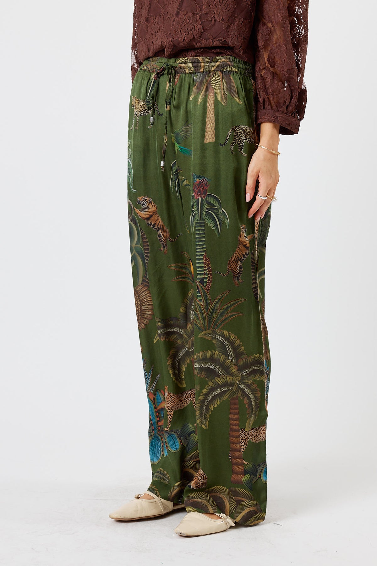 LulaSoul cheetah Vintage & retro all over jungle print statement bold Animal print with palms soft satin straight leg pant  Side stripe  women’s fashion matching set coordinates two piece olive green 