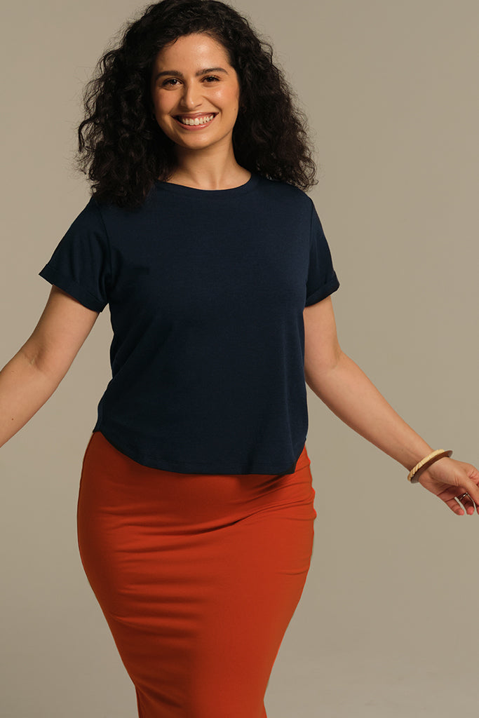 Bamboo Body Shorter Bamboo Cotton Tee  - Dark Navy Blue Classic T-shirt Basic Crew Neck short Sleeve