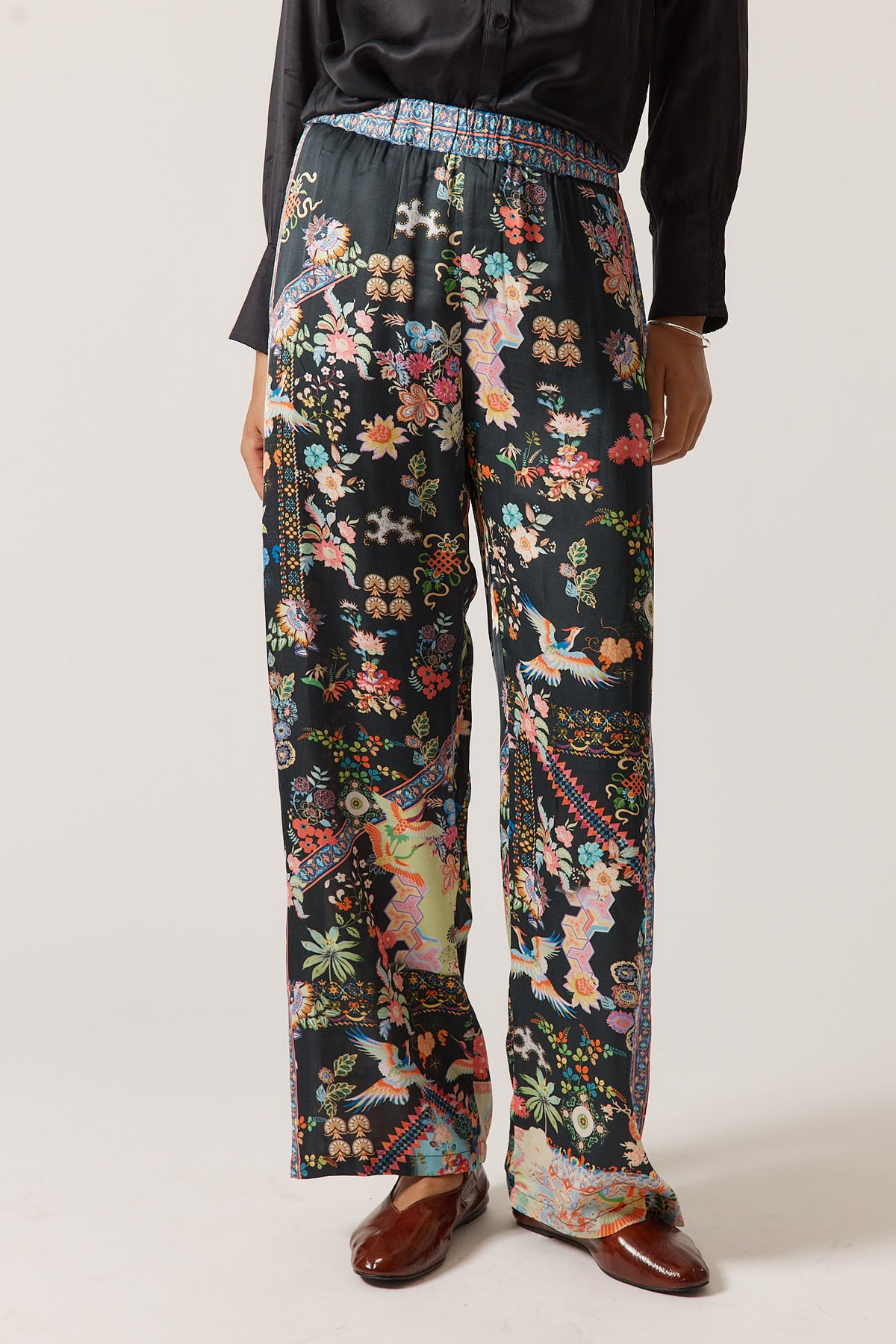 RubyYaya Lala pant Vintage & retro all over bird print statement bold Animal print with exclusive soft satin straight leg pant  Side stripe  women’s fashion matching set coordinates two piece black