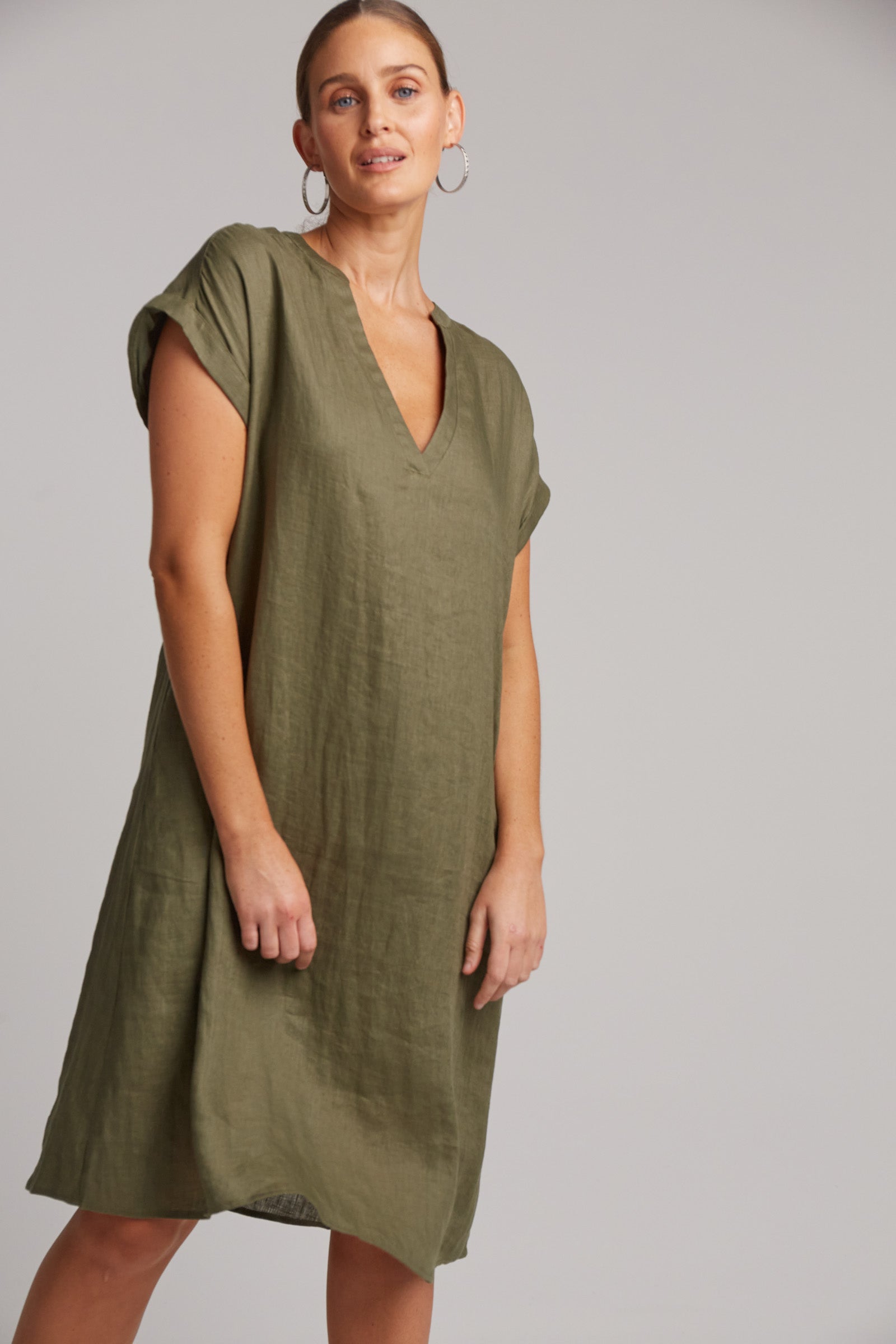 Eb&Ive Studio Linen Midi  Dress with pockets Khaki Work Dress