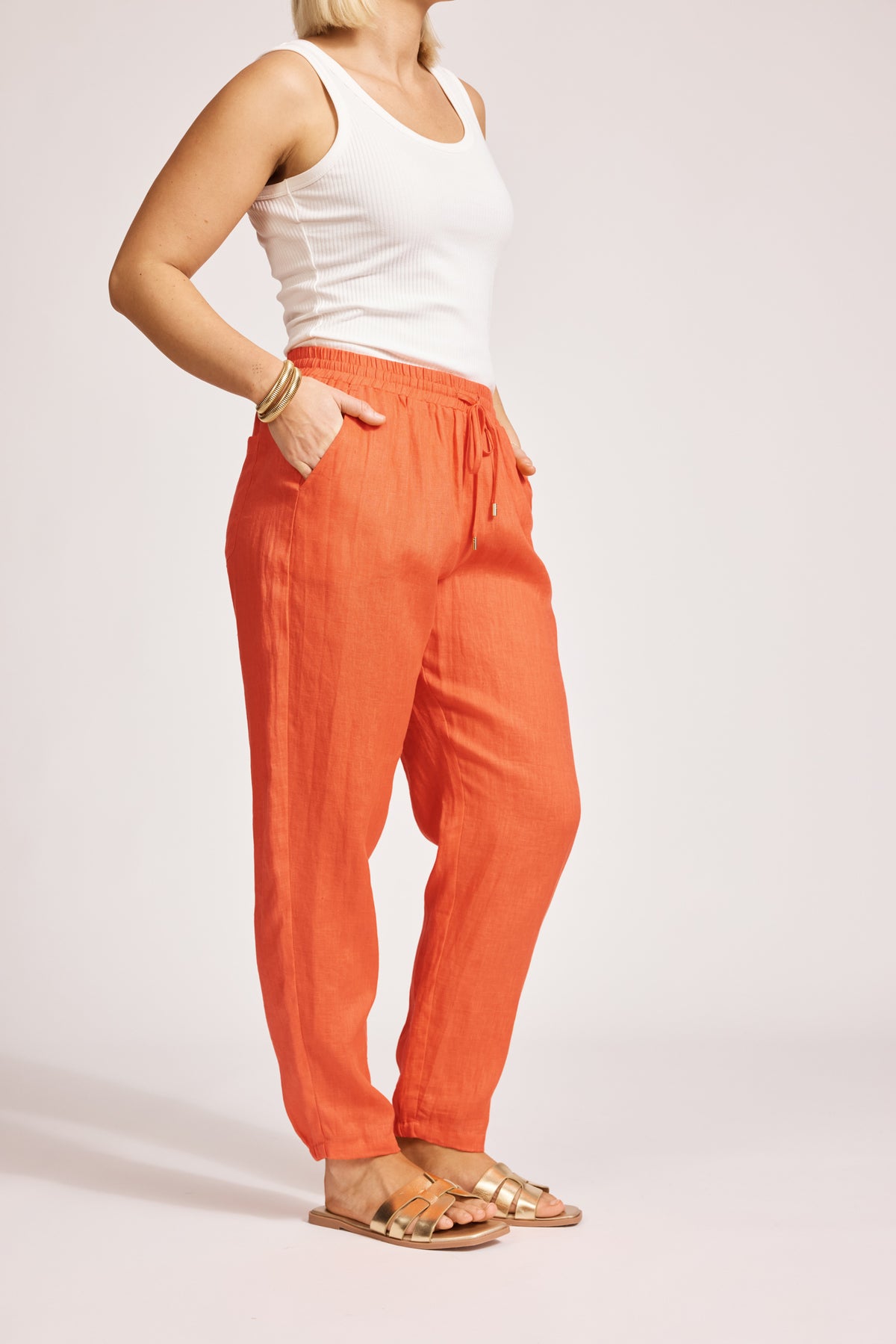 Eb&amp;Ive Miramar Linen pant Relaxed linen jogger summer drawstring waist slim tapered leg coral orange