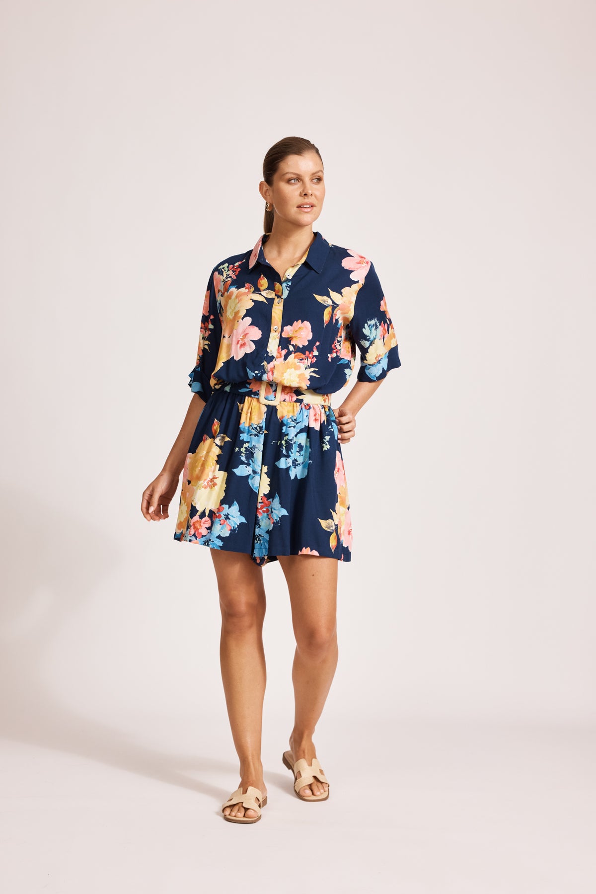Eb&amp;Ive Parisio Belt Shirt jumpsuit Short 3/4 sleeve with collar and button front elastic and Belt waist summer work romper swim cover navy spring floral print playsuit 