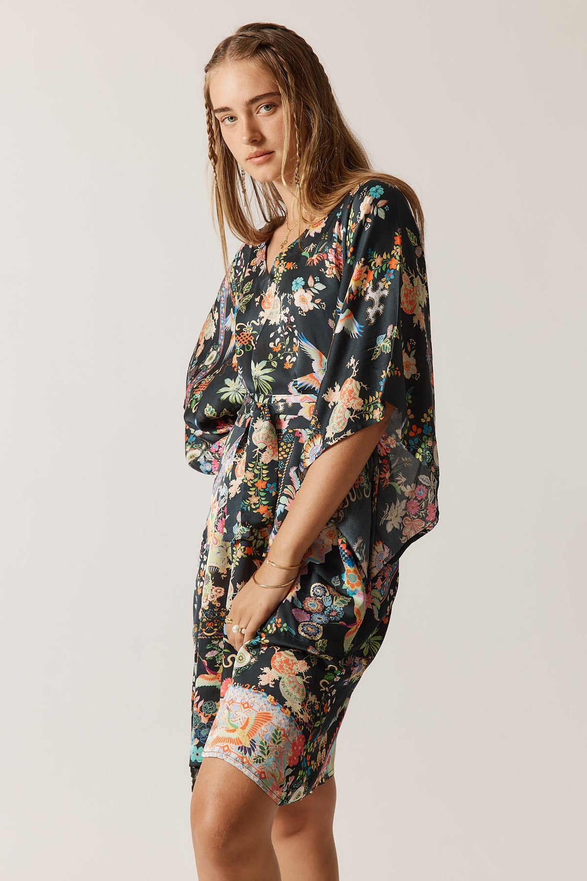RubyYaya Lala kaftan Vintage & retro all over bird print statement bold Animal print with exclusive soft satin mini dress fashion kimono sleeve evening event dress 