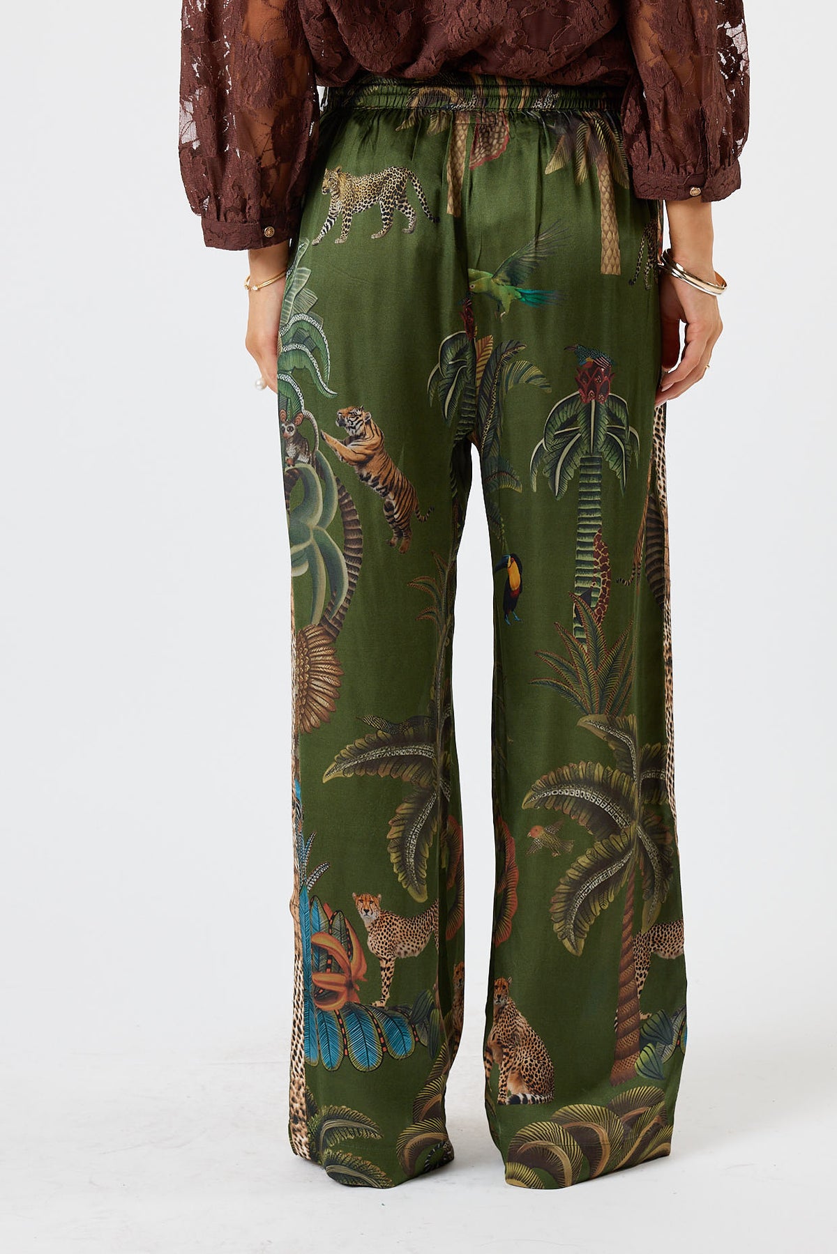 LulaSoul cheetah Vintage & retro all over jungle print statement bold Animal print with palms soft satin straight leg pant  Side stripe  women’s fashion matching set coordinates two piece olive green 