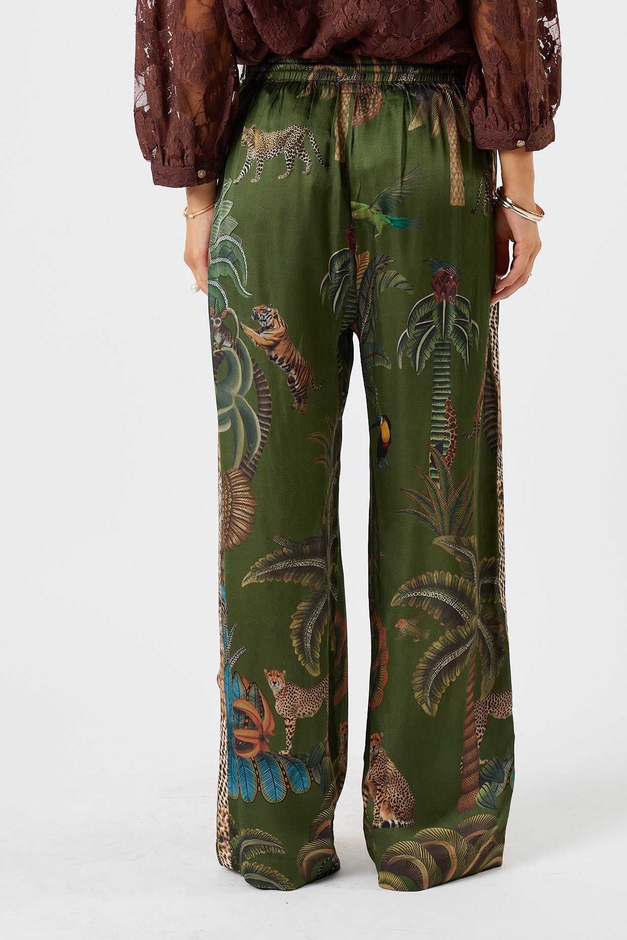 LulaSoul cheetah Vintage & retro all over jungle print statement bold Animal print with palms soft satin straight leg pant  Side stripe  women’s fashion matching set coordinates two piece olive green 