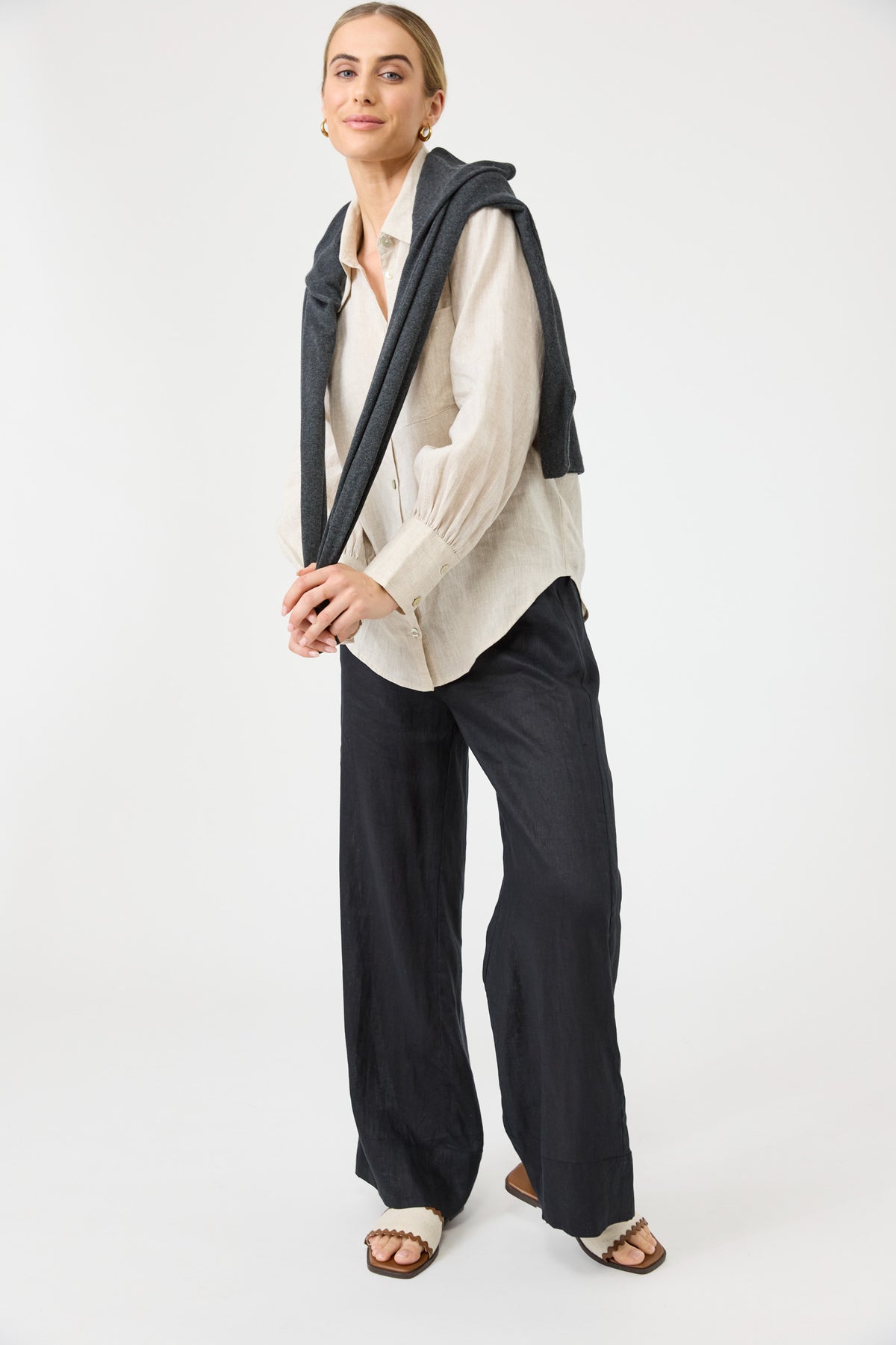 Eb&amp;Ive Studio Linen Straight Wide Leg Pant Black Long Work Pant