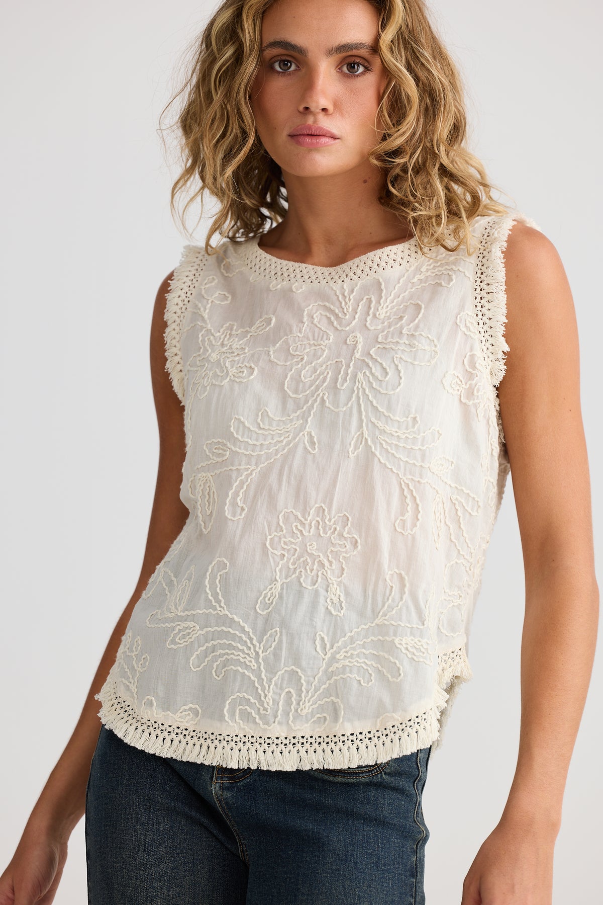 Talisman Chantilly lace top cotton with embroidery and fringe edges. Summer bohemian top 