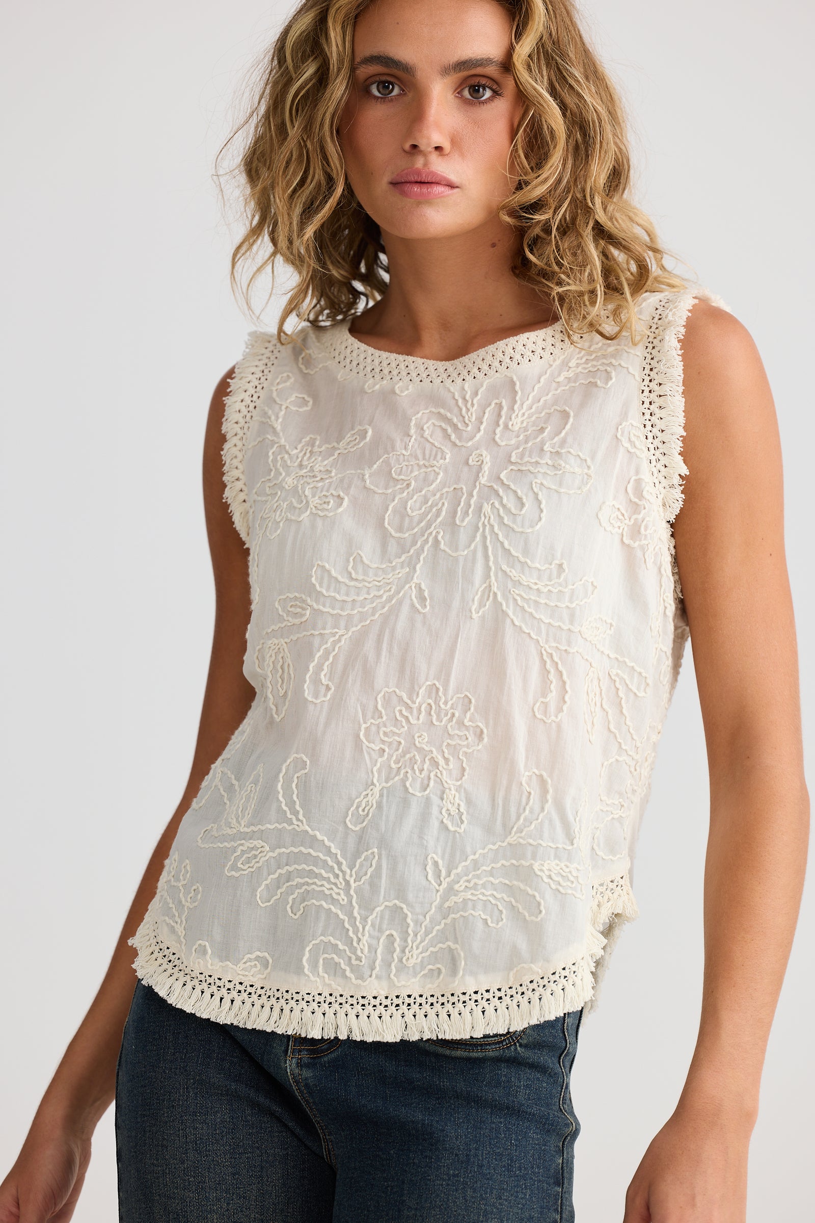Talisman Chantilly lace top cotton with embroidery and fringe edges. Summer bohemian top 