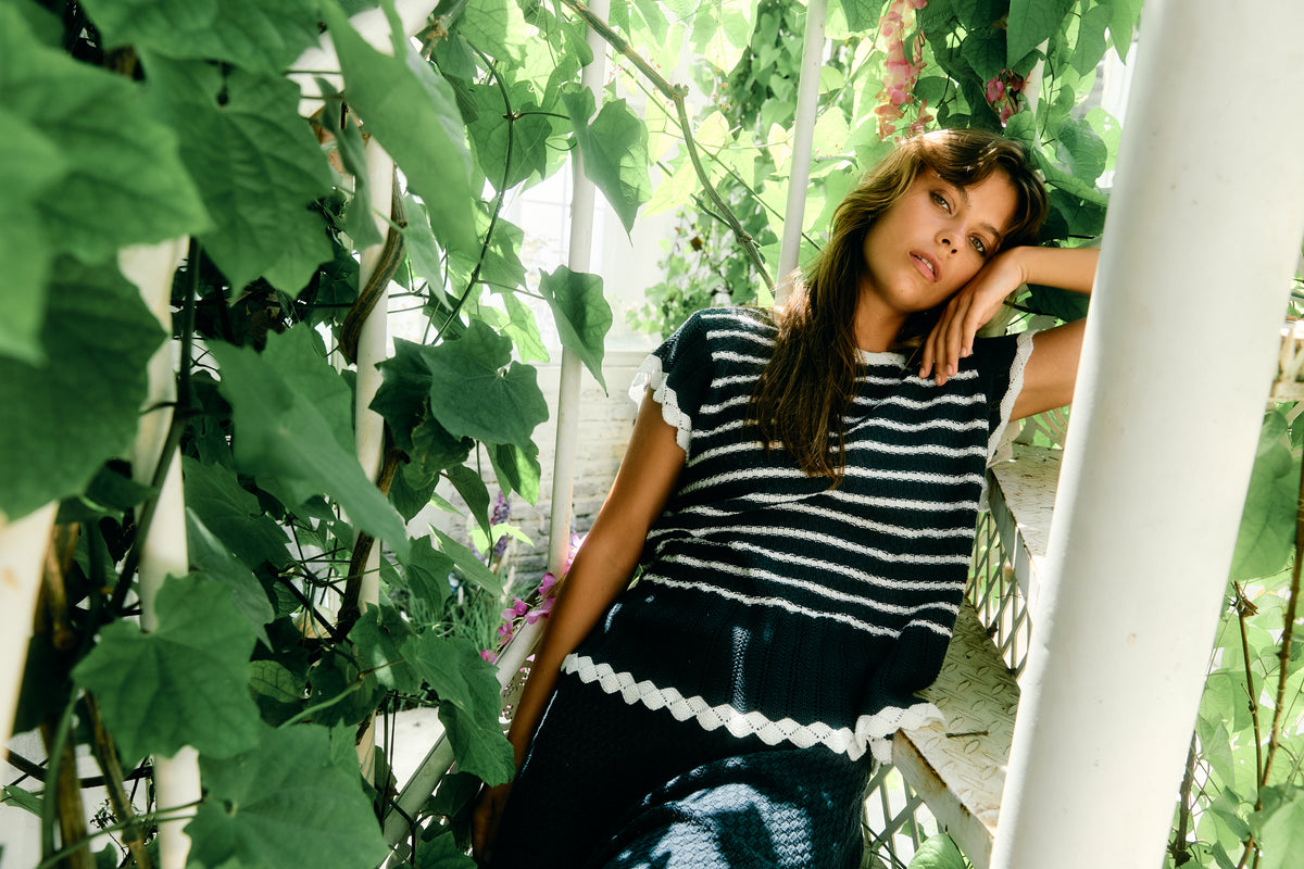 Isle Of Mine Ida Knit Navy White Top stripe T-shirt  crochet Summer 