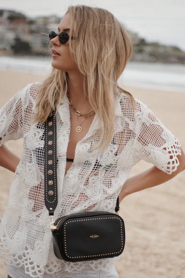 Sol Sana  Camera Bag with studded western country rock studded strap Black Silver