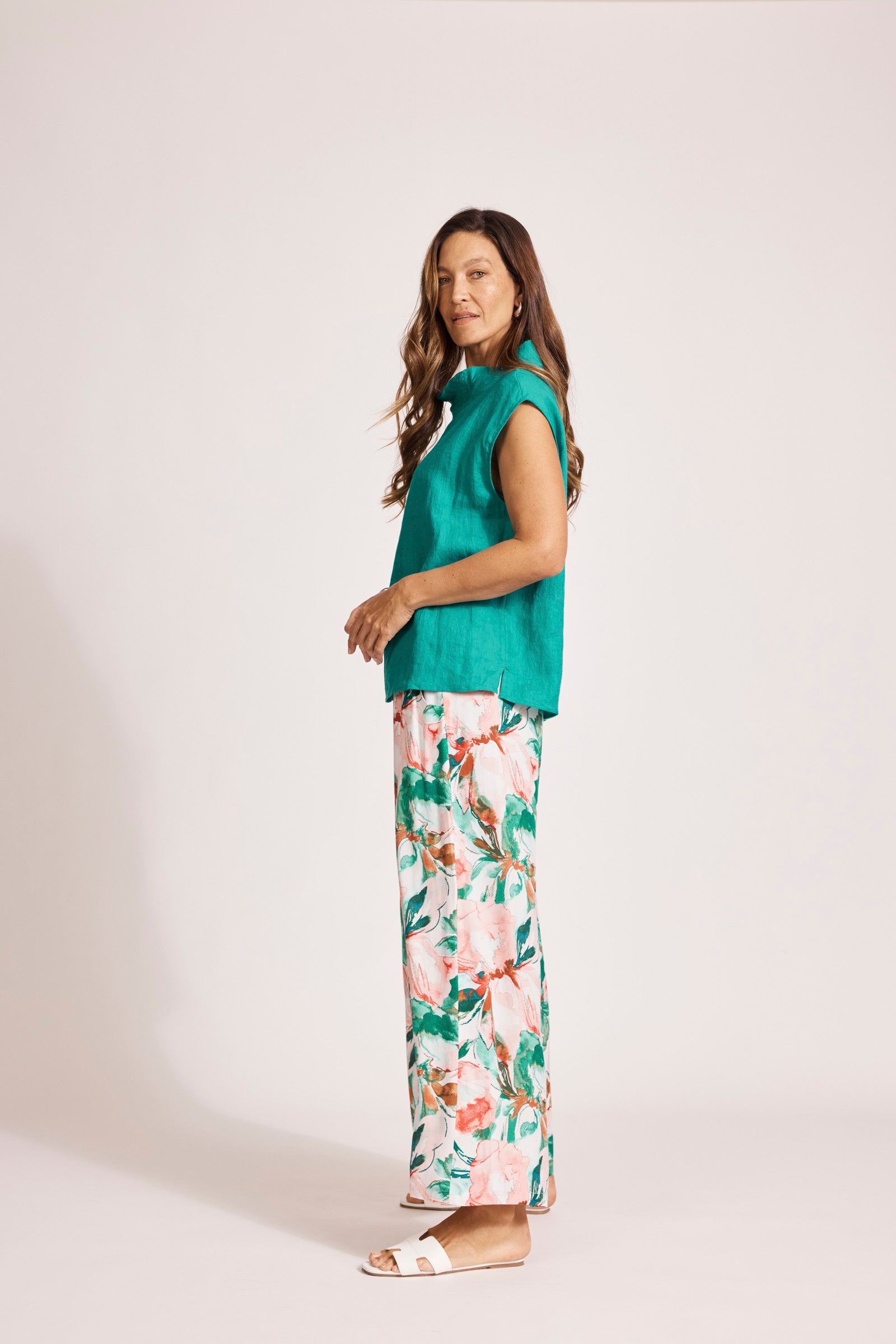 Eb&Ive Miramar Linen cowl neck shell top Short sleeve work travel and  weekend summer top lagoon blue