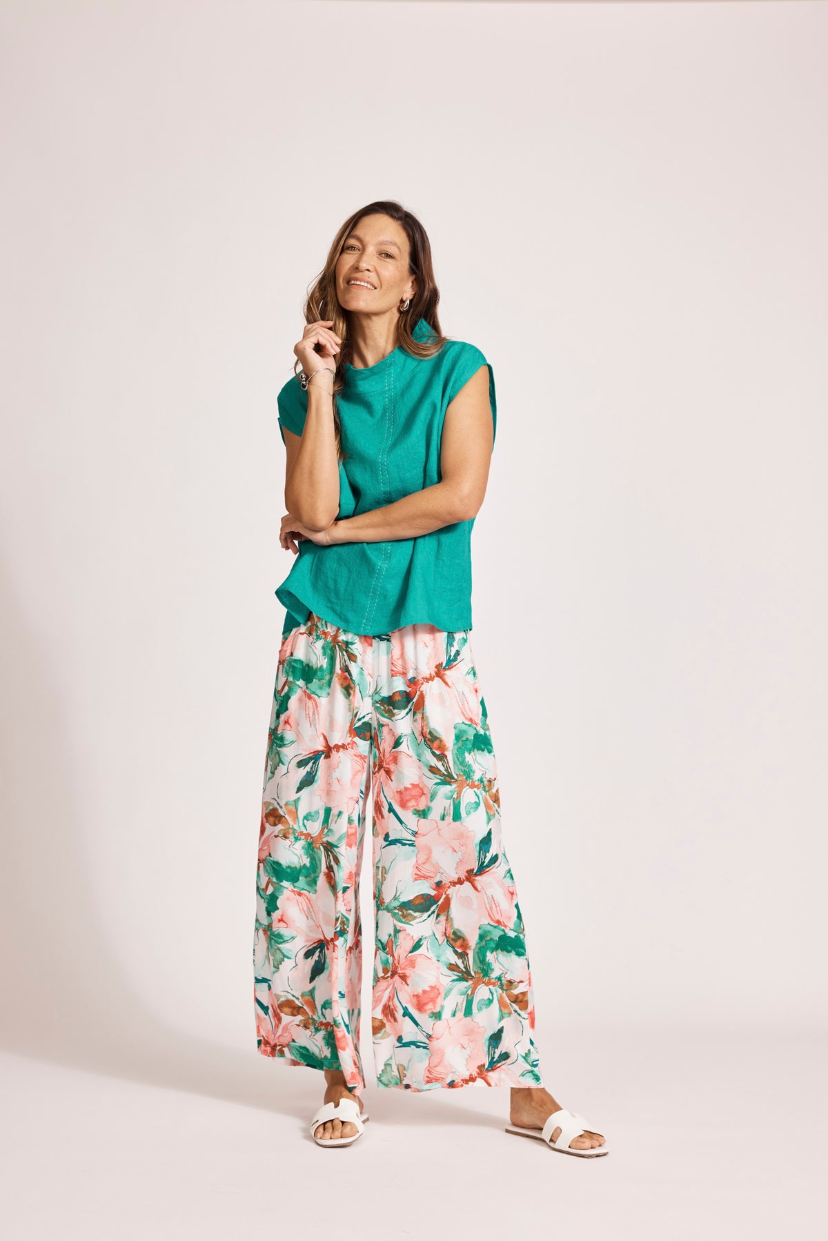 Eb&amp;Ive Miramar Linen cowl neck shell top Short sleeve work travel and  weekend summer top lagoon blue