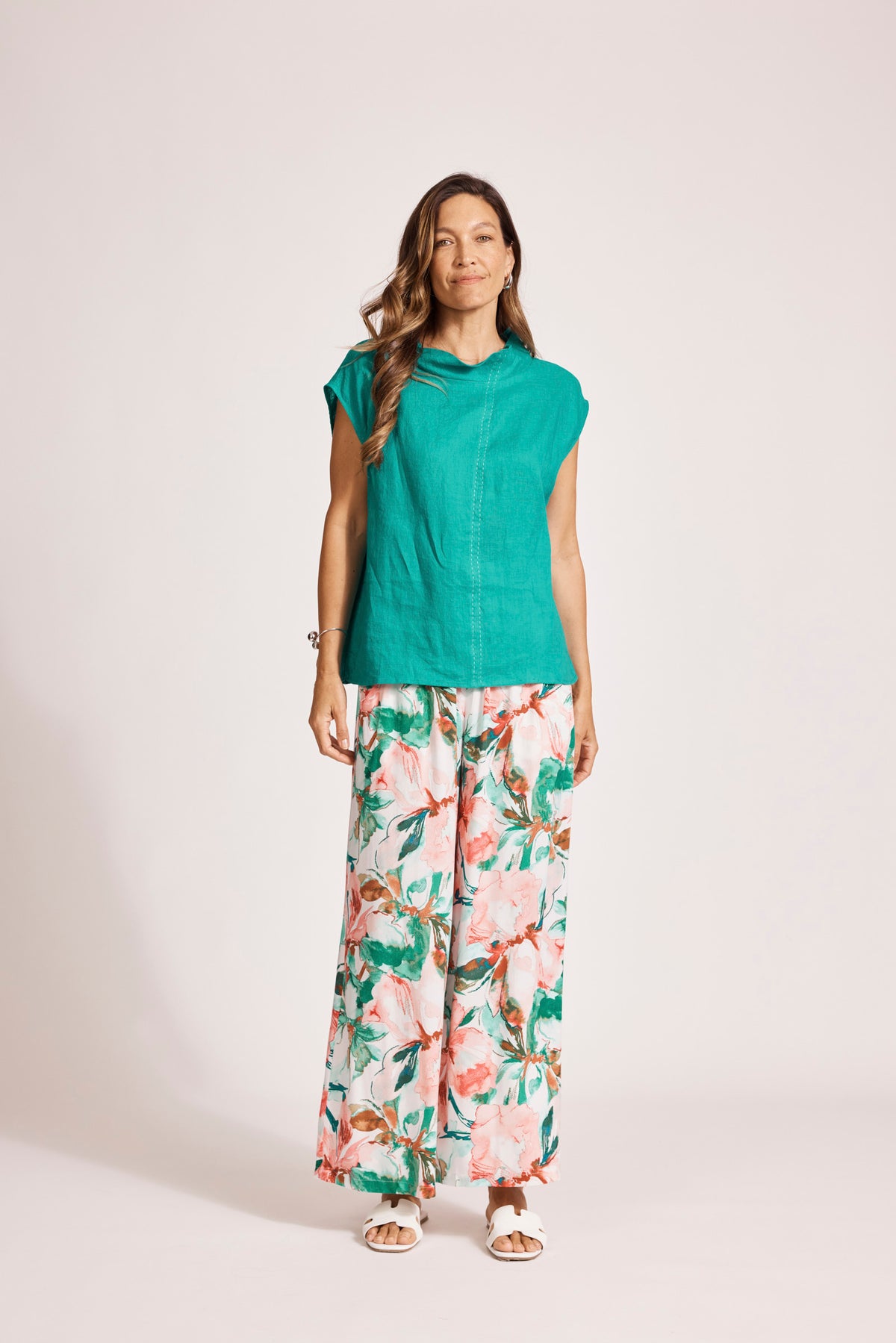 Eb&amp;Ive Miramar Linen cowl neck shell top Short sleeve work travel and  weekend summer top lagoon blue