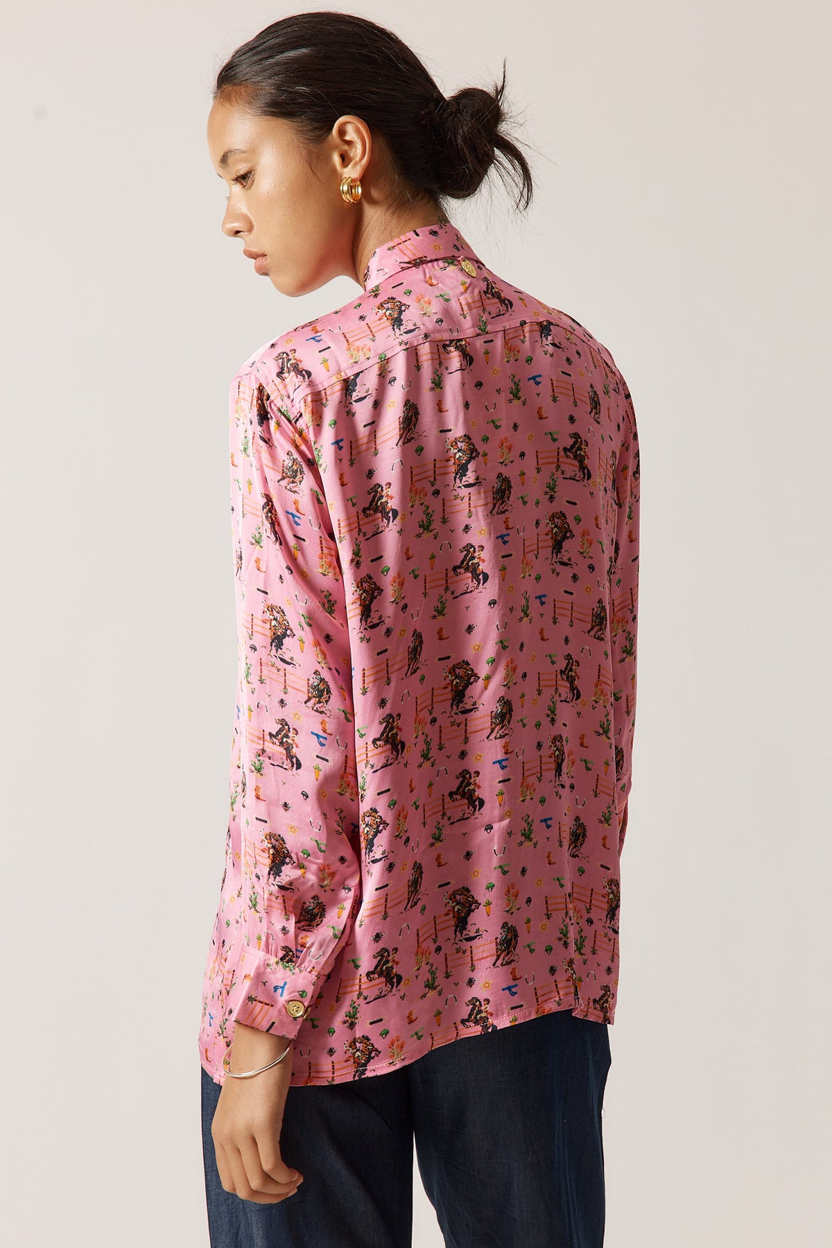 RubyYaya Cowgirl Vintage & retro all over cowboy print statement  bold Animal print with horses soft button up Shirt  women’s fashion collared blouse pink