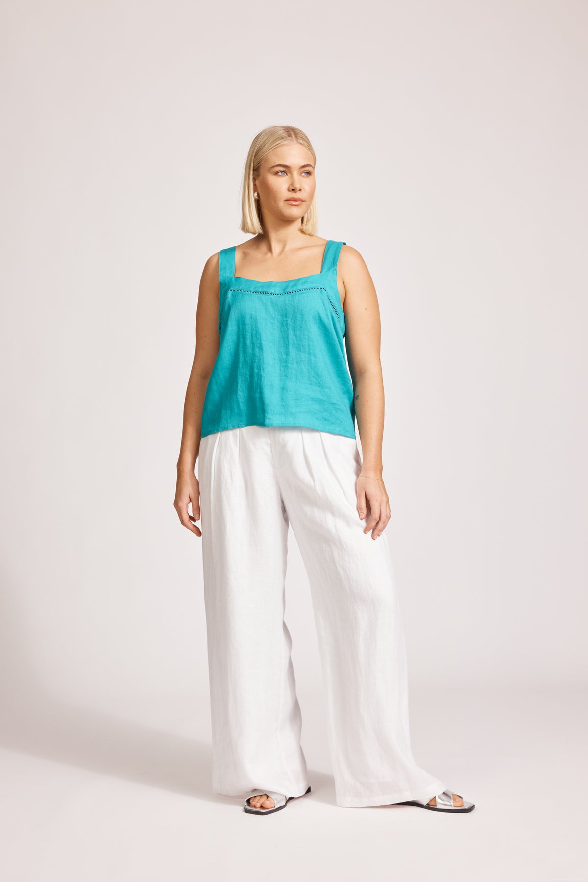 Eb&amp;Ive Miramar linen crop  top sleeveless square neck crop relaxed casual work blouse cotton summer teal lagoon 