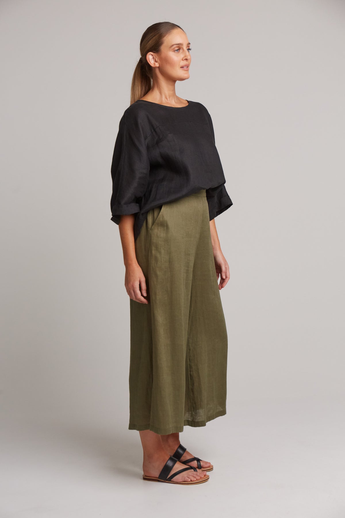 Eb&amp;Ive Studio Linen Crop Wide Leg Pant Khaki