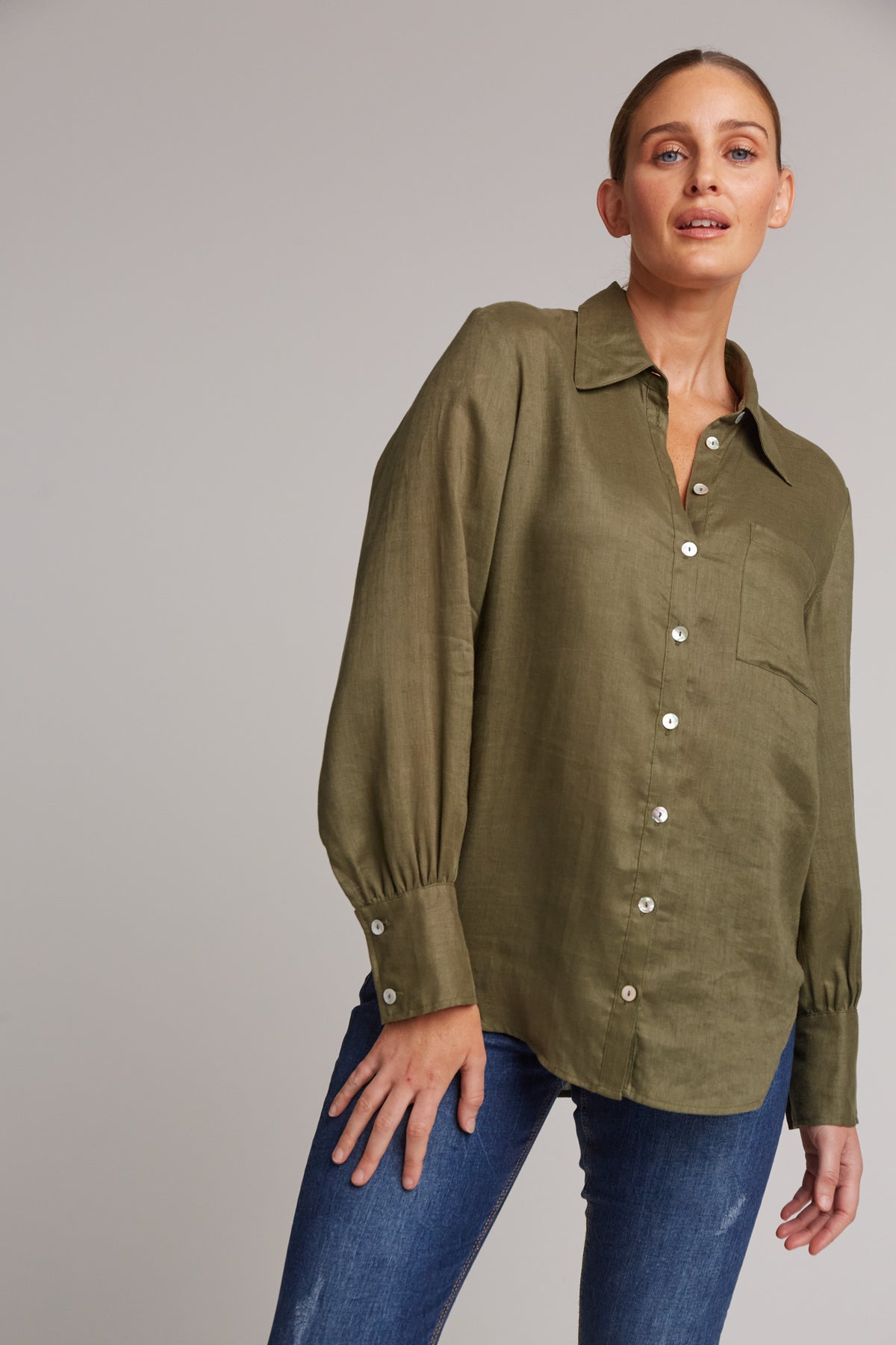 Eb&amp;Ive Studio Linen Button Front Shirt  Top Collar Work Shirt Long Sleeve Khaki