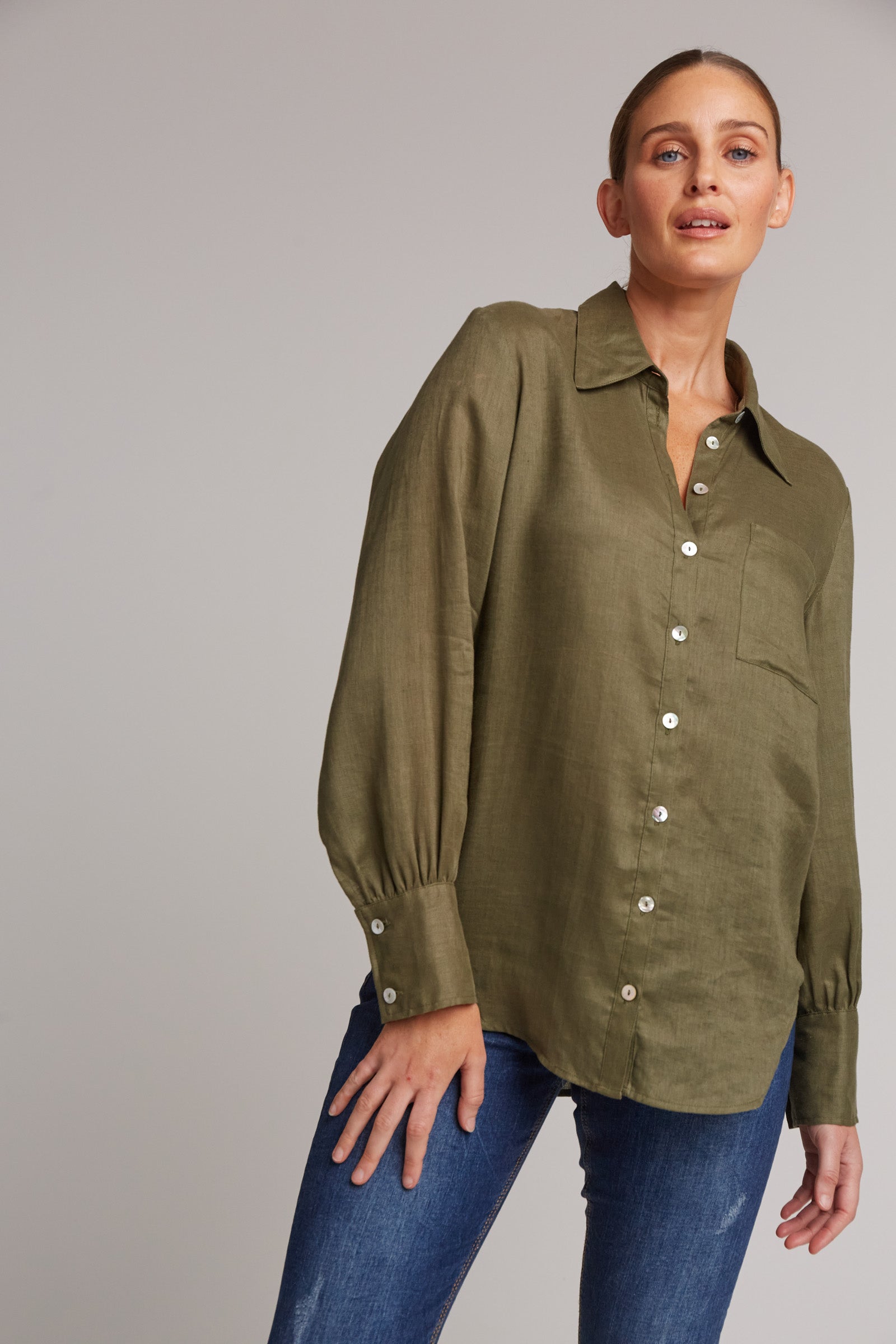 Eb&Ive Studio Linen Button Front Shirt  Top Collar Work Shirt Long Sleeve Khaki