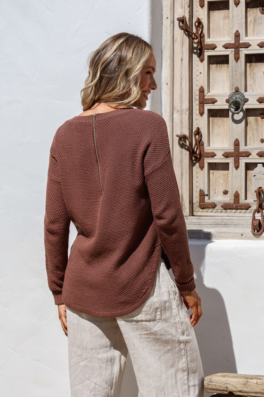 Zip Back Cotton Knit Jumper - Chocolate
