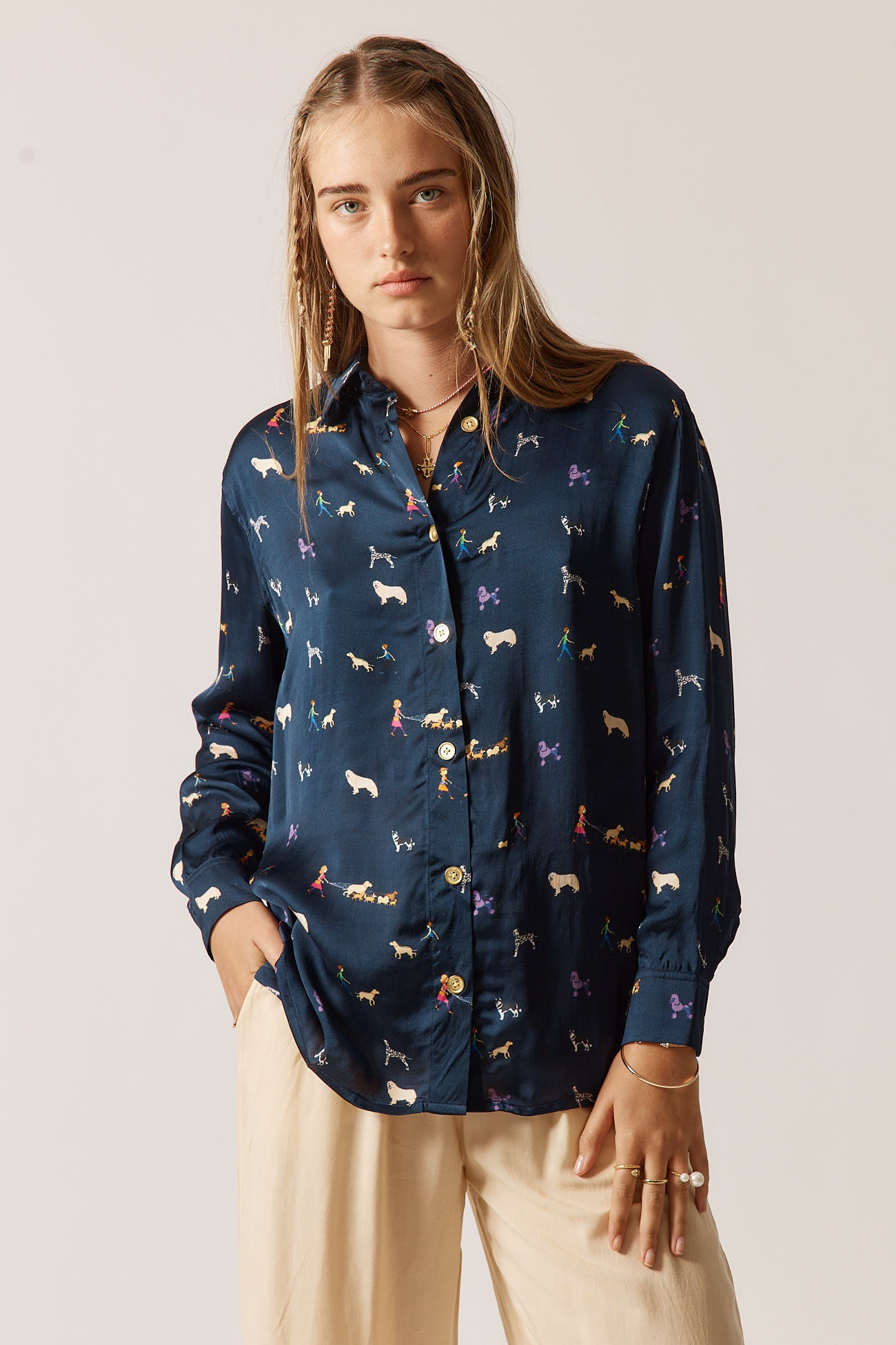 RubyYaya puppy love  Vintage & retro all over exclusive print statement  bold Animal print with dogs soft button up Shirt  women’s fashion collared blouse Navy work wear