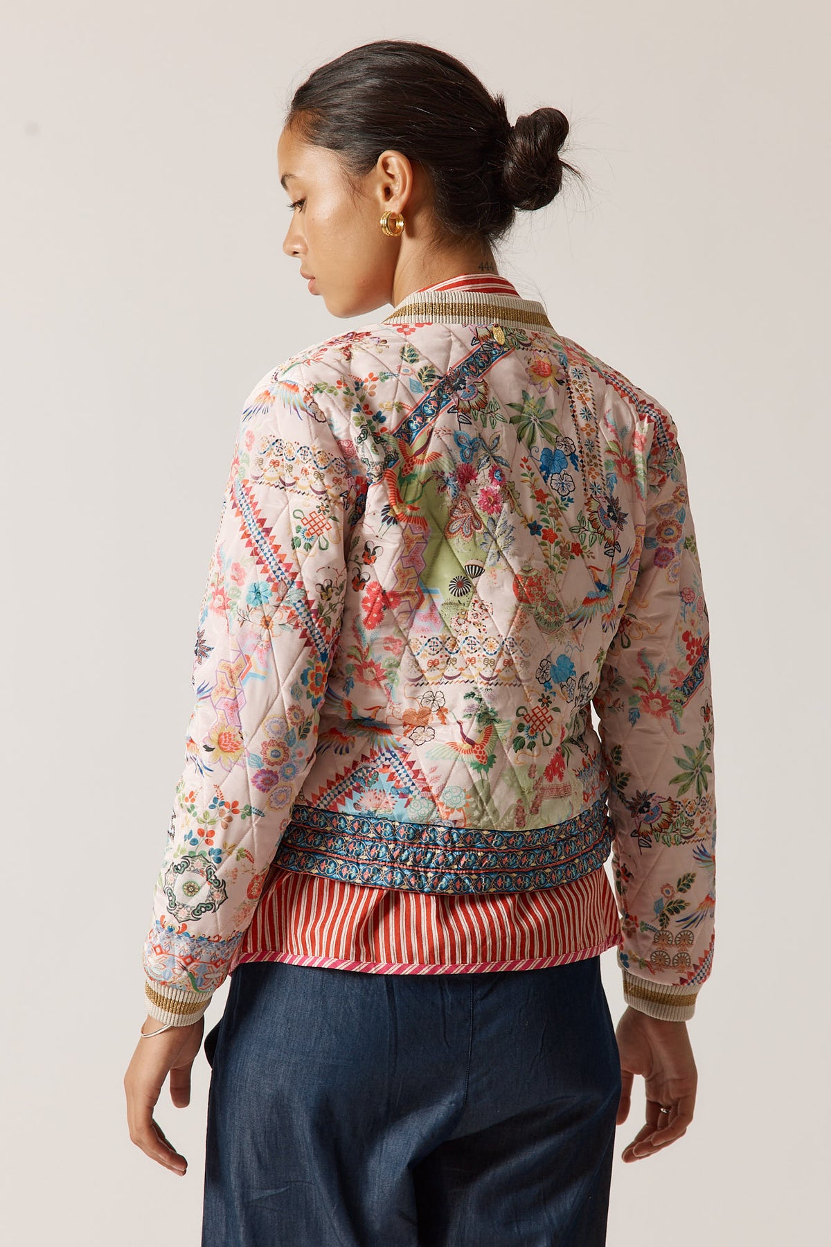 RubyYaya Lala Vintage & retro all over bird floral print statement  bold Asian print quilted bomber jacket women’s fashion white blush 