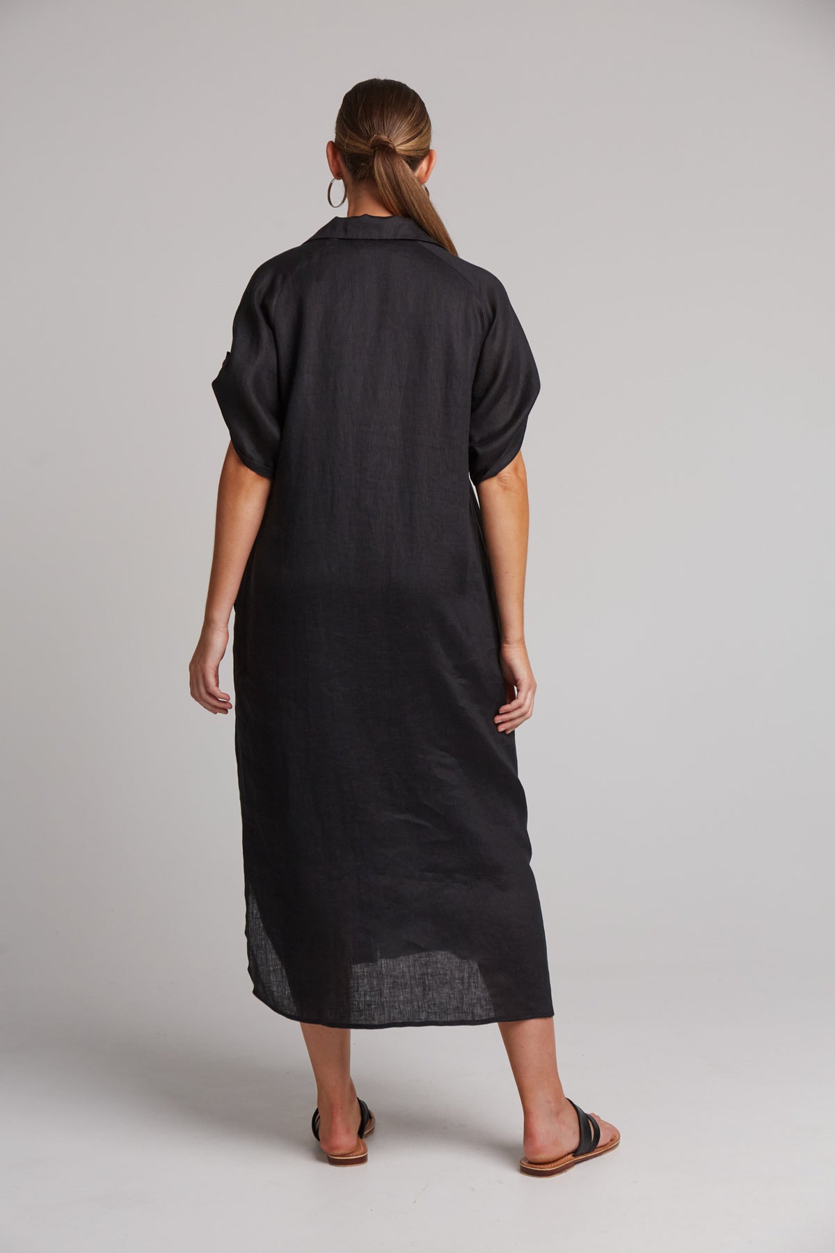 Eb&amp;Ive Studio Linen Maxi Long Shirt Dress with pockets Black Ebony