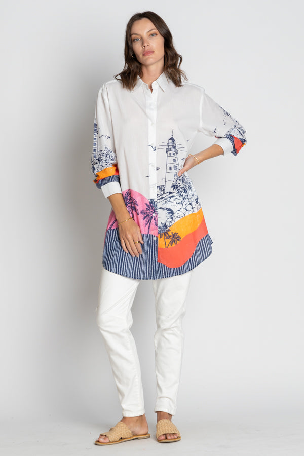 Lulasoul  byron Shirt Dress tunic White cotton with a sun rise and lighthouse print in navy Summer swim cover