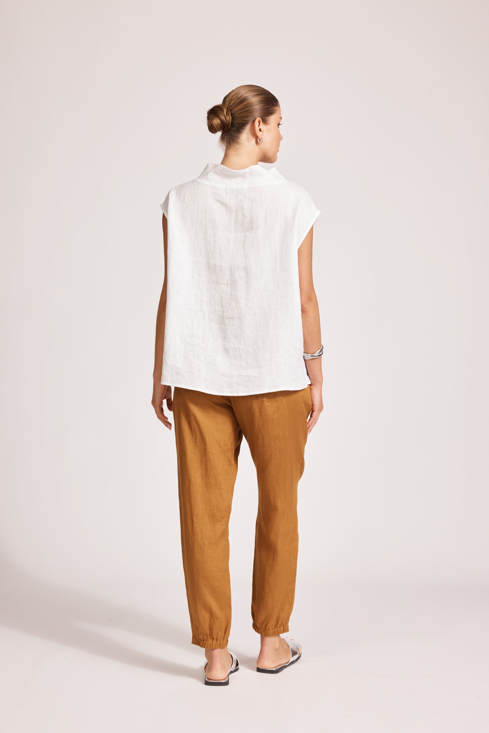 Eb&Ive Miramar Linen cowl neck shell top Short sleeve work travel and  weekend summer top lagoon blue