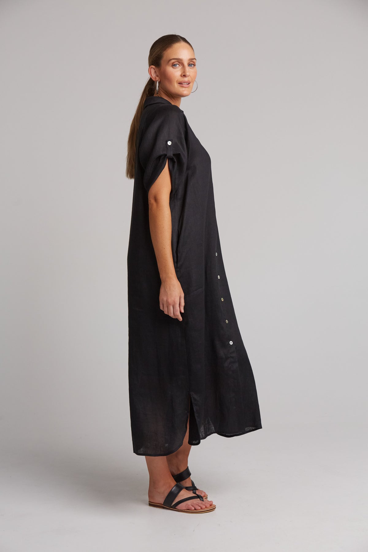 Eb&amp;Ive Studio Linen Maxi Long Shirt Dress with pockets Black Ebony