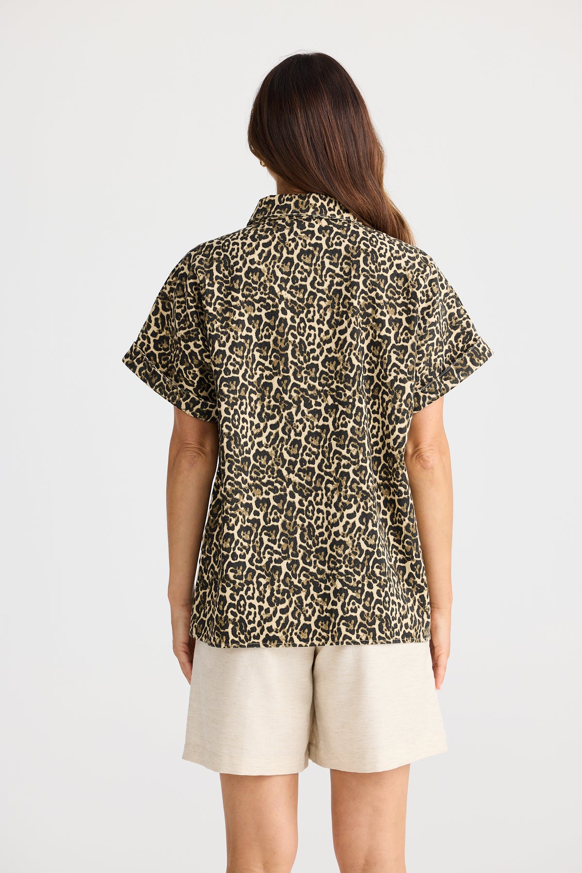 Brave + True Leroy Shirt  Beige Leopard Denim Short Shirt Top