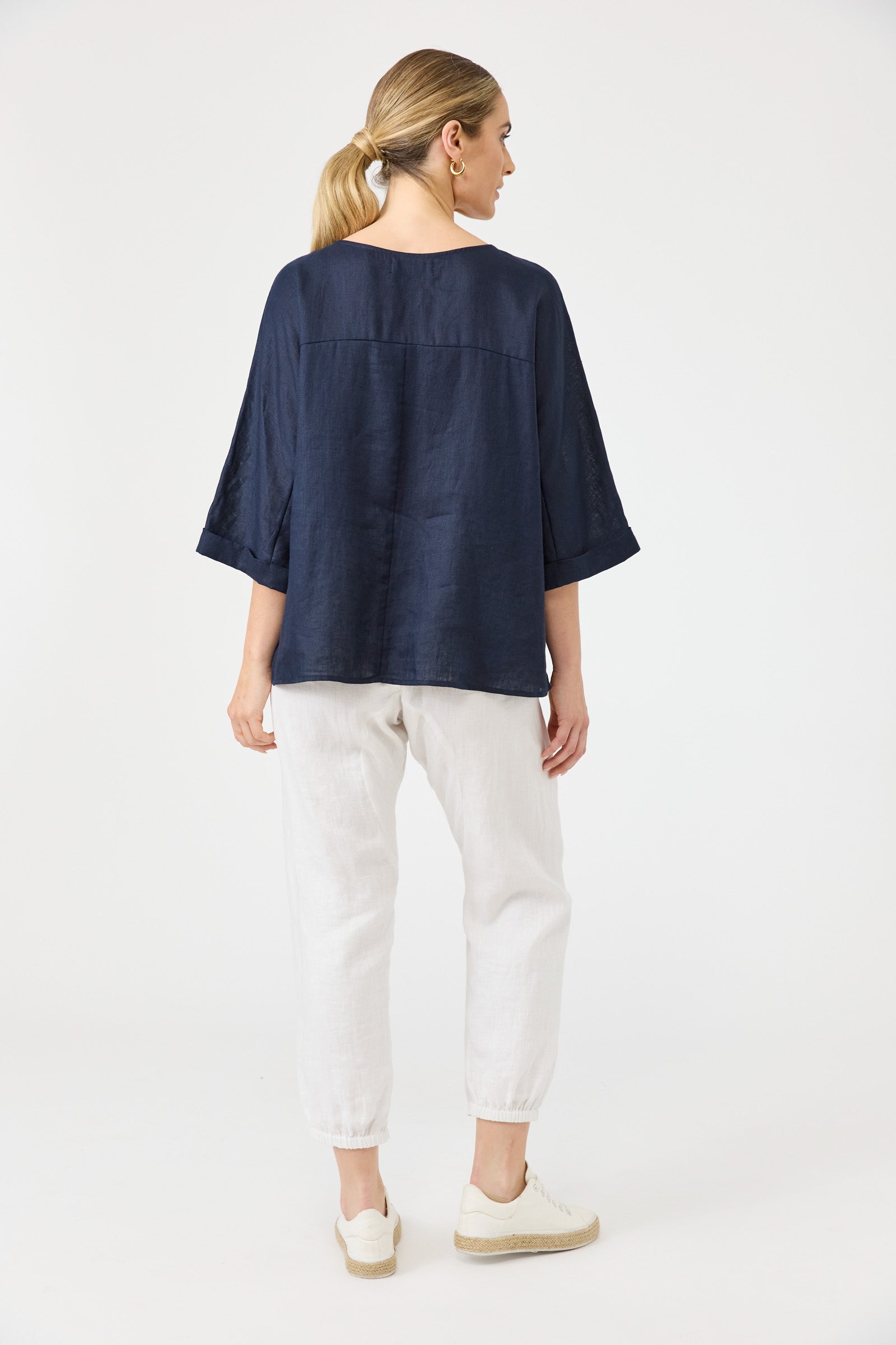 Eb&Ive Studio Linen Relaxed Top Long Sleeve Navy