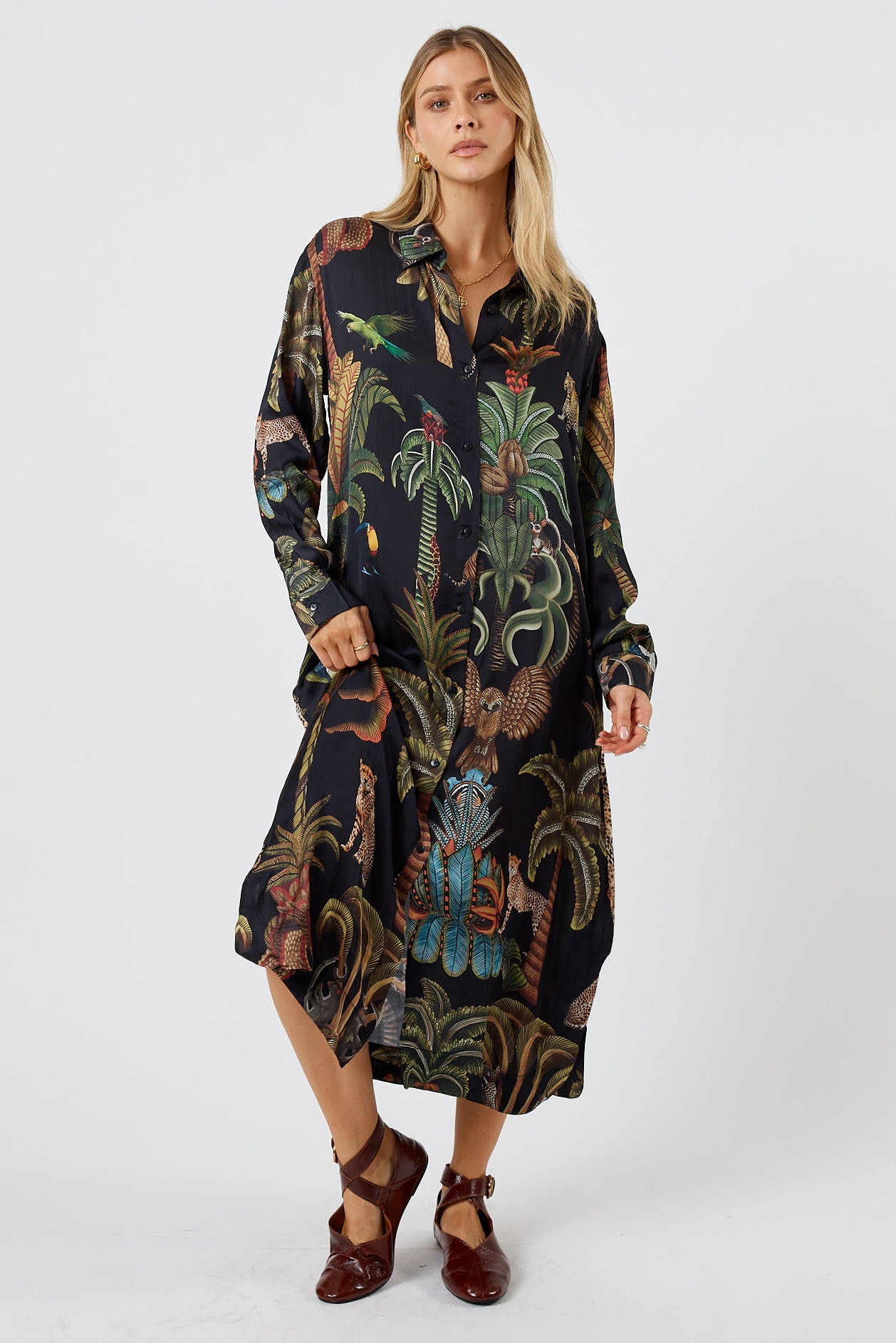 LulaSoul Cheetah Vintage & retro all over jungle print statement bold animal print  soft satin button up Shirt dress women’s fashion evening event dress Black work shirt 