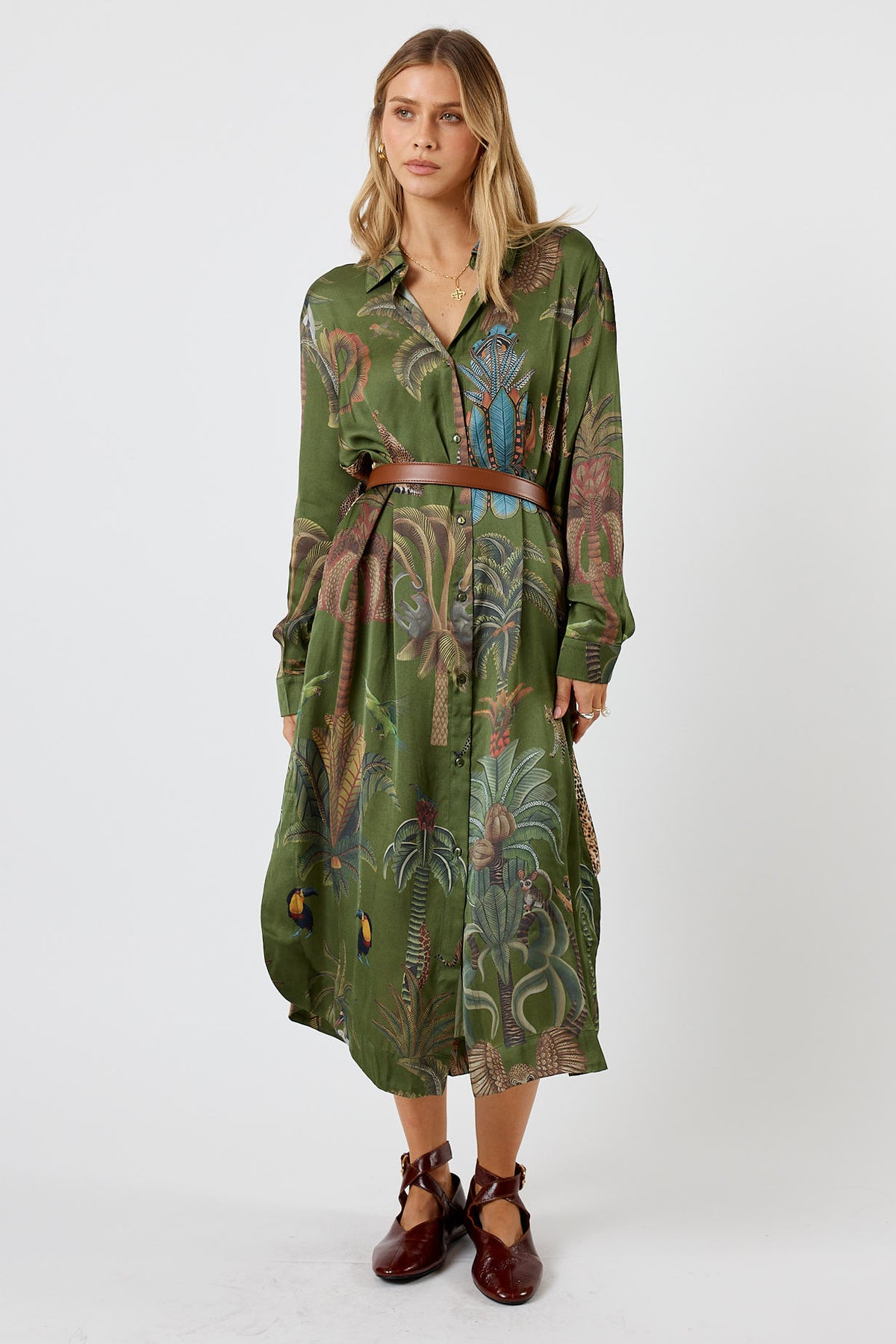 LulaSoul Cheetah Vintage & retro all over jungle print statement bold animal print  soft satin button up Shirt dress women’s fashion evening event dress olive green 