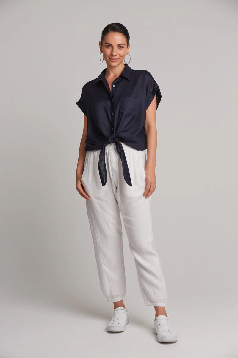 Studio Tie Front Linen Shirt - Navy