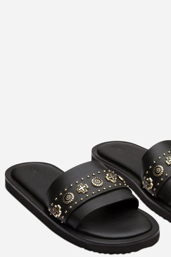 Sol Sana Cleo Slide Black Gold leather shoe with metal stud footbed 