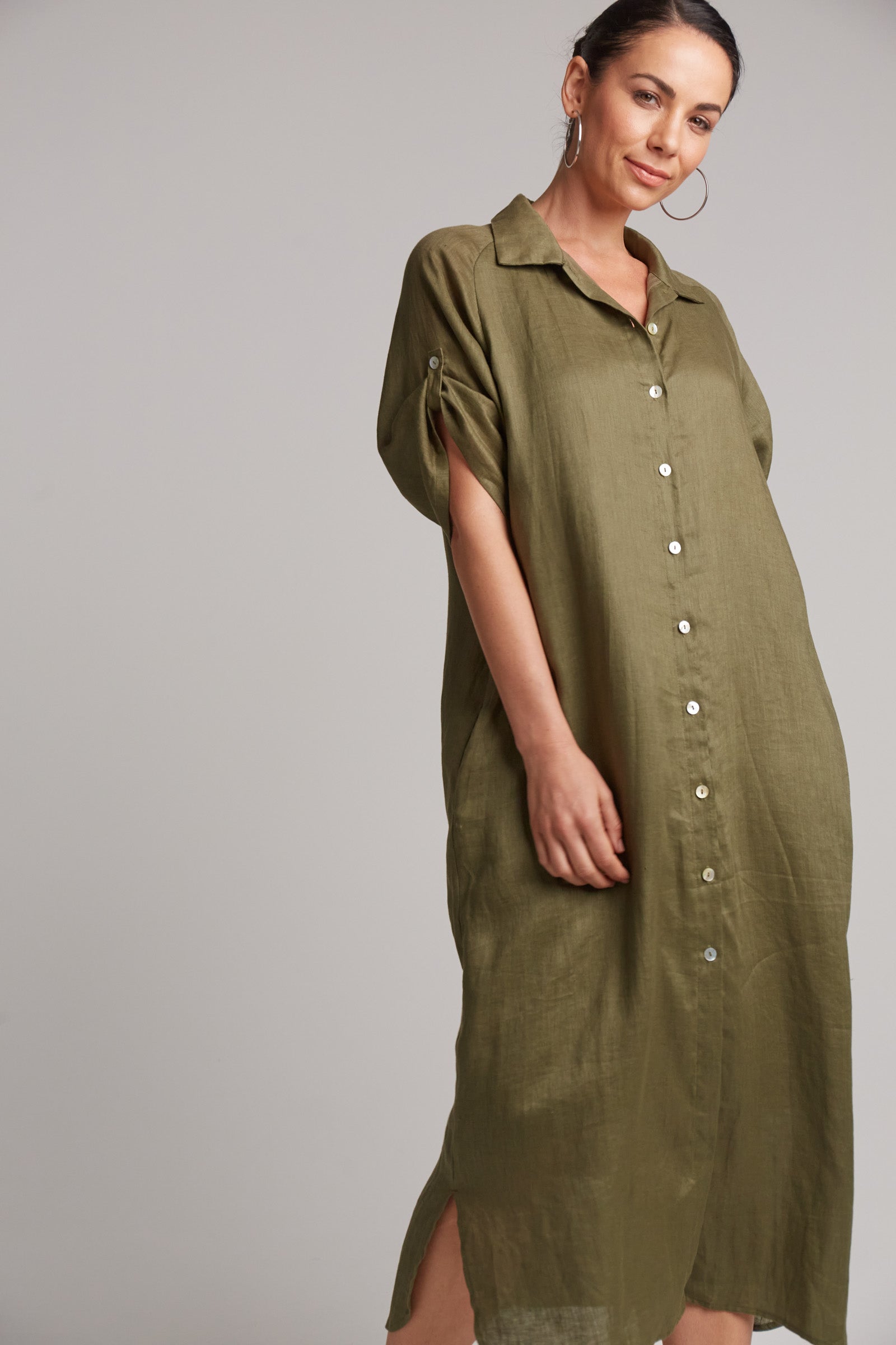 Eb&Ive Studio Linen Maxi Long Shirt Dress with pockets Black Khaki