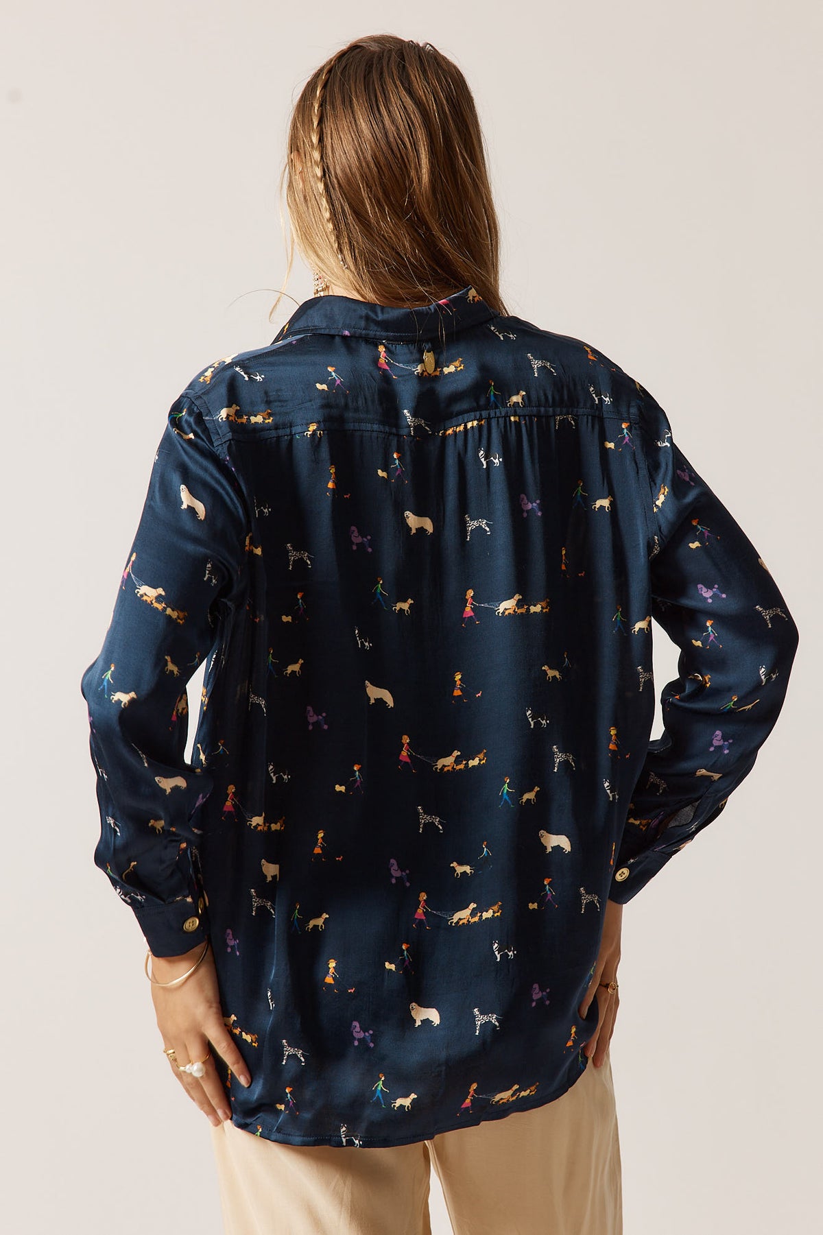 RubyYaya puppy love  Vintage & retro all over exclusive print statement  bold Animal print with dogs soft button up Shirt  women’s fashion collared blouse Navy work wear