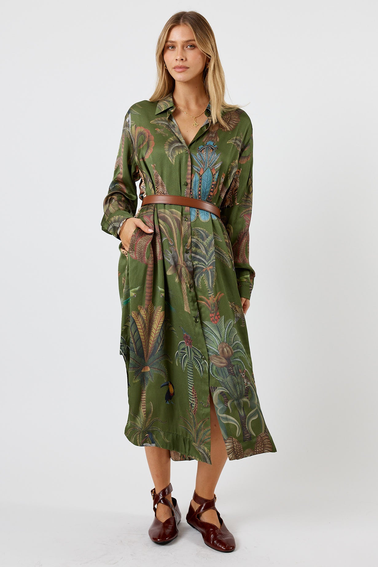 LulaSoul Cheetah Vintage & retro all over jungle print statement bold animal print  soft satin button up Shirt dress women’s fashion evening event dress olive green 