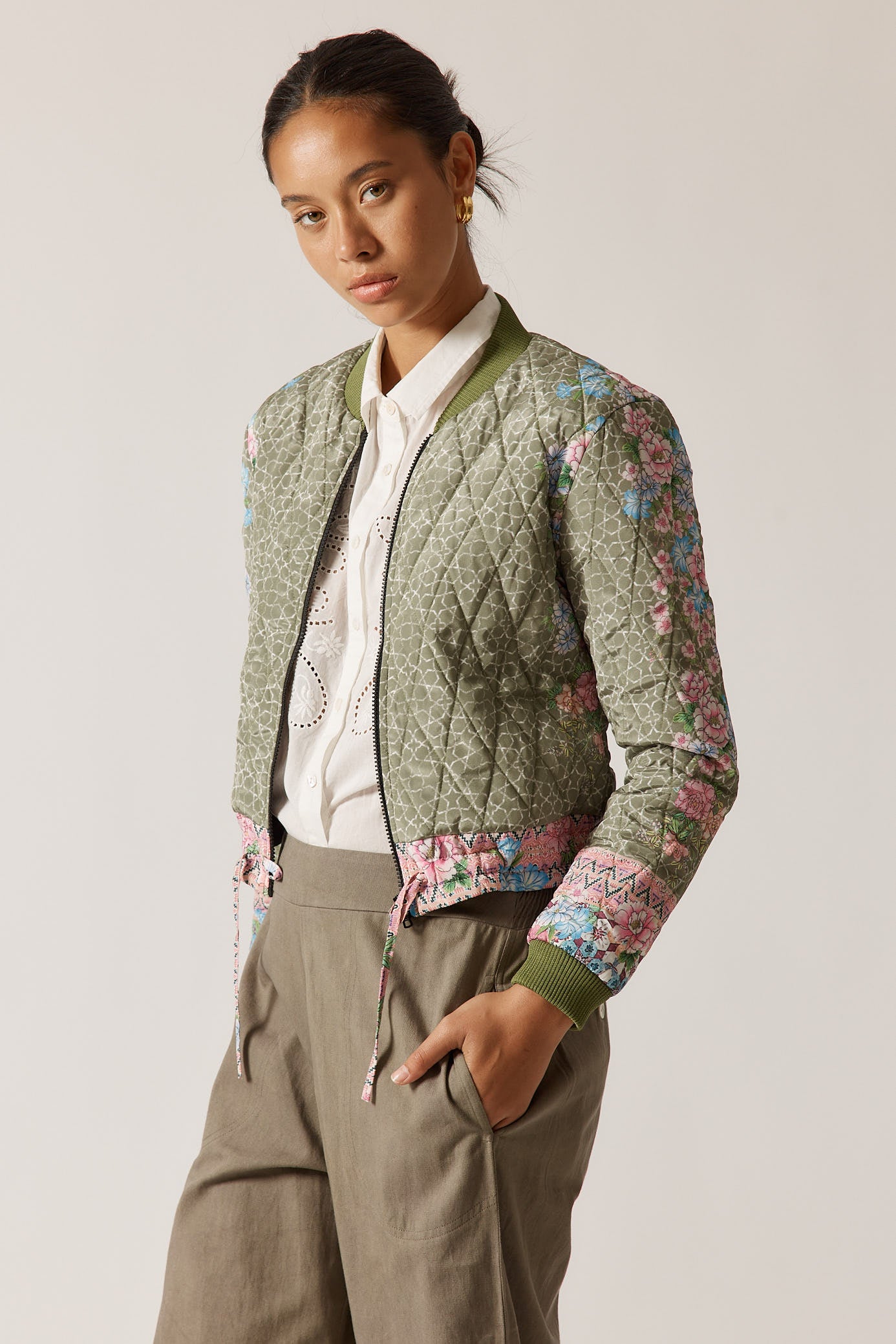 RubyYaya Daisy duke Vintage & retro all over floral print statement  bold print quilted bomber jacket women’s fashion  blush pink and khaki green  