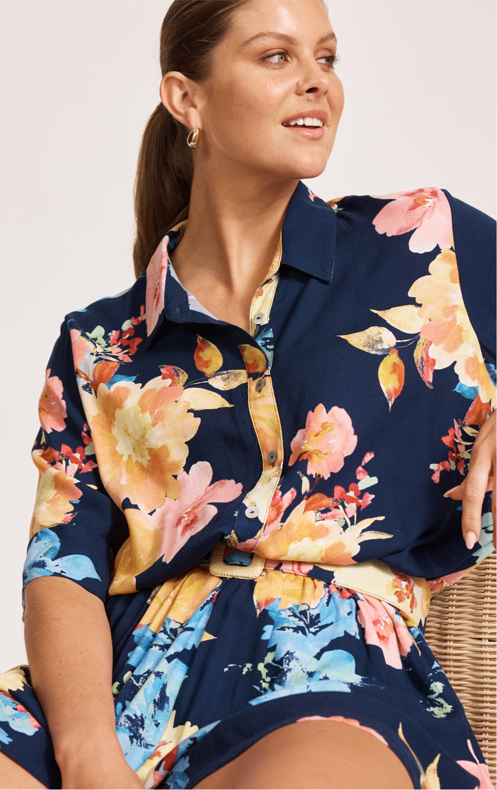 Eb&amp;Ive Parisio Belt Shirt jumpsuit Short 3/4 sleeve with collar and button front elastic and Belt waist summer work romper swim cover navy spring floral print playsuit 