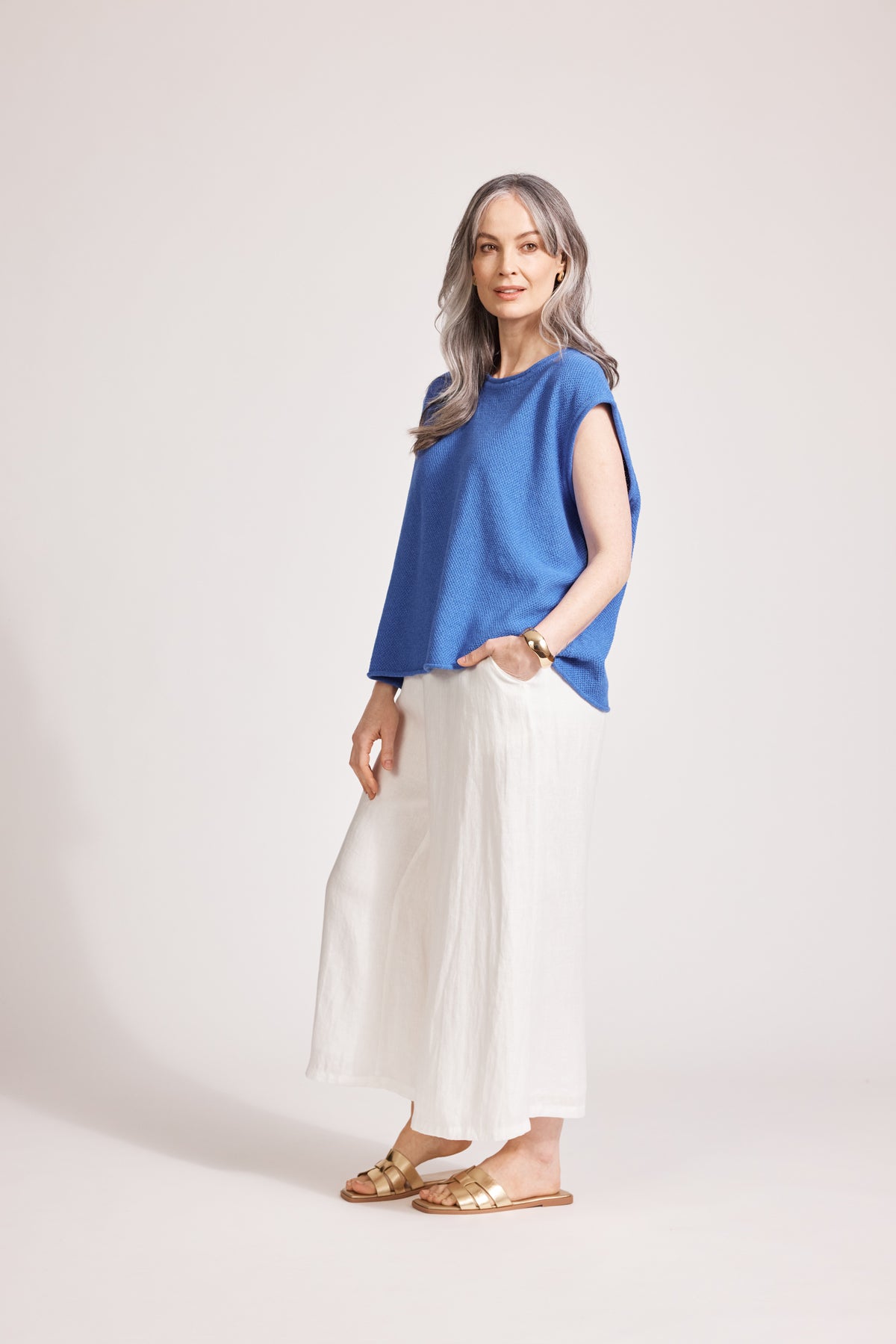 Eb&amp;Ive Artemis Sleeveless Knit Top Blue cotton textured tank  round neck and drop sleeve  summer knit 
