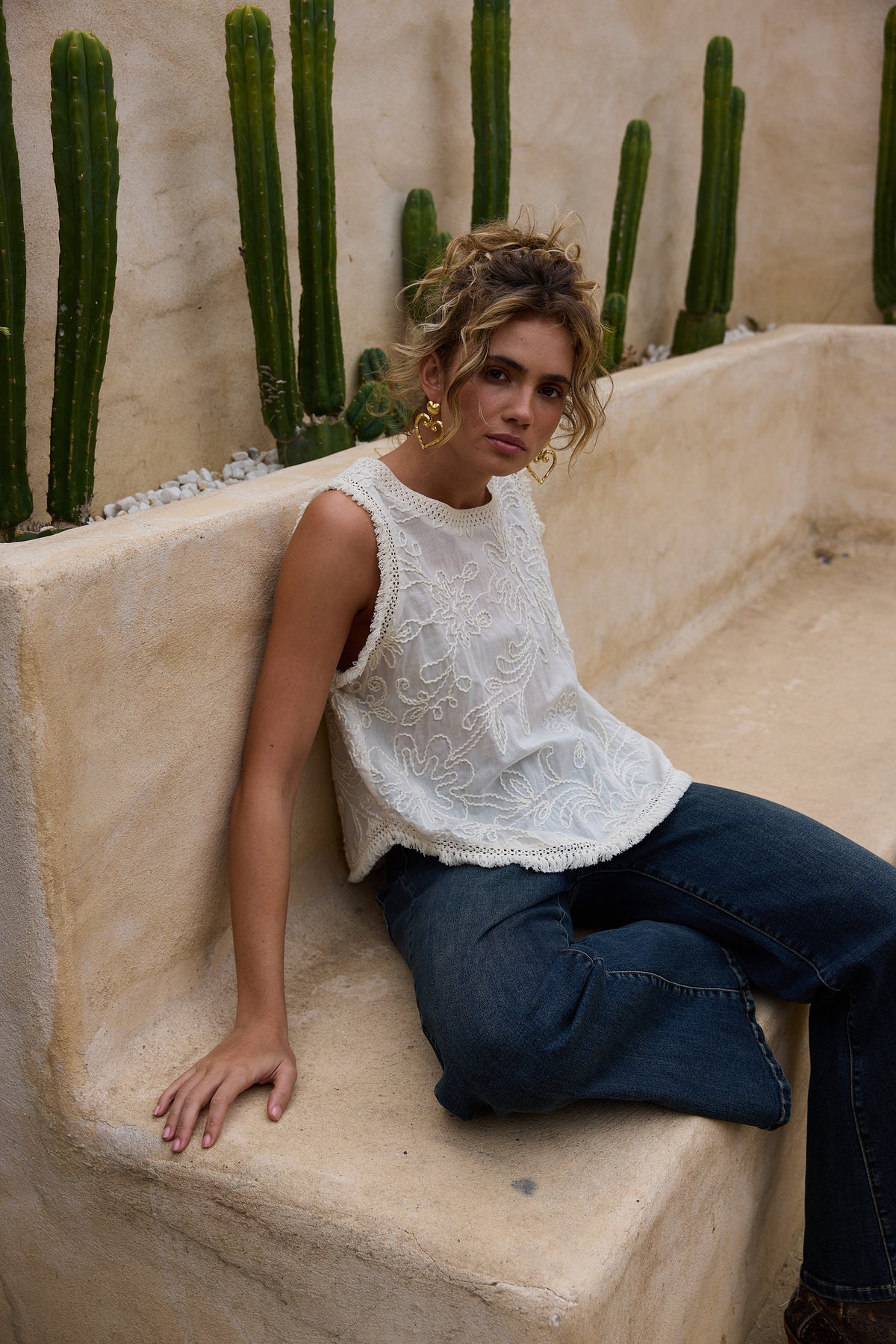 Talisman Chantilly lace top cotton with embroidery and fringe edges. Summer bohemian top 