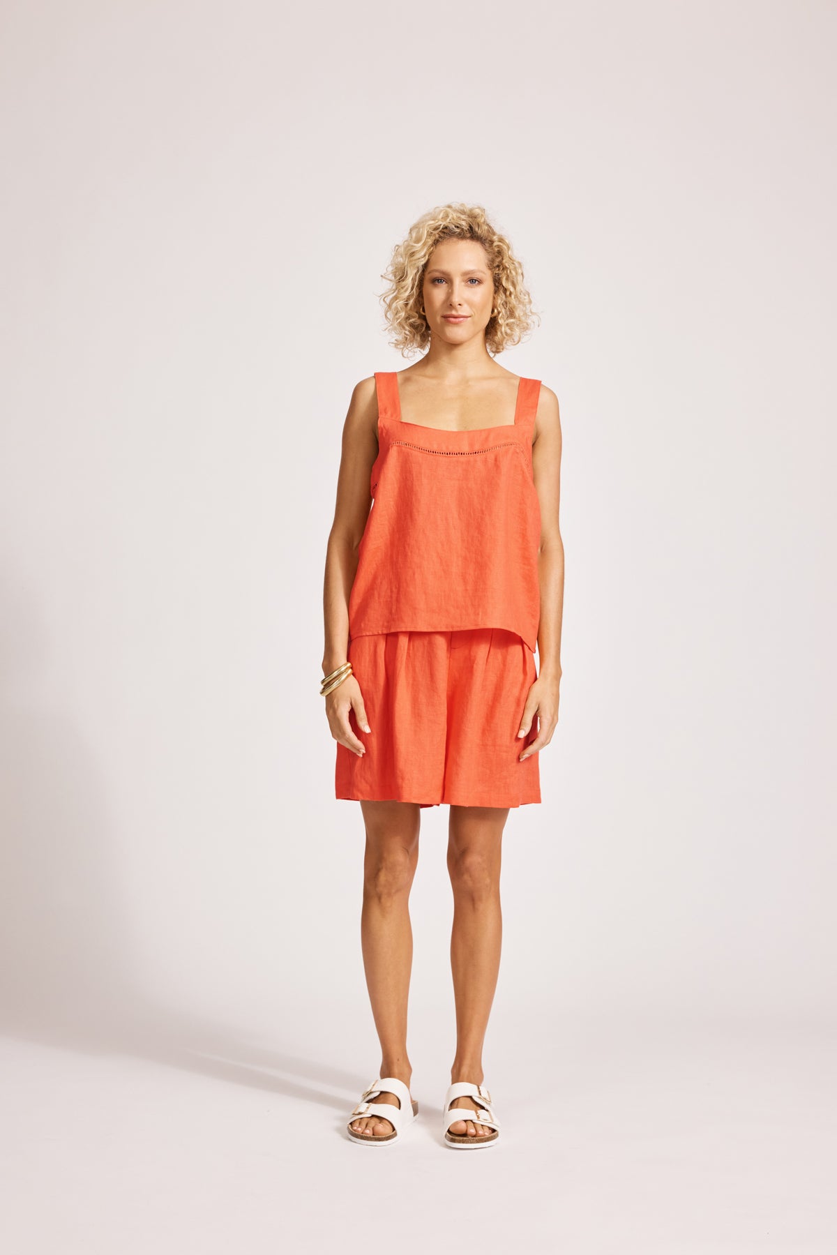 Eb&amp;Ive Miramar linen crop  top sleeveless square neck crop relaxed casual work blouse cotton summer coral