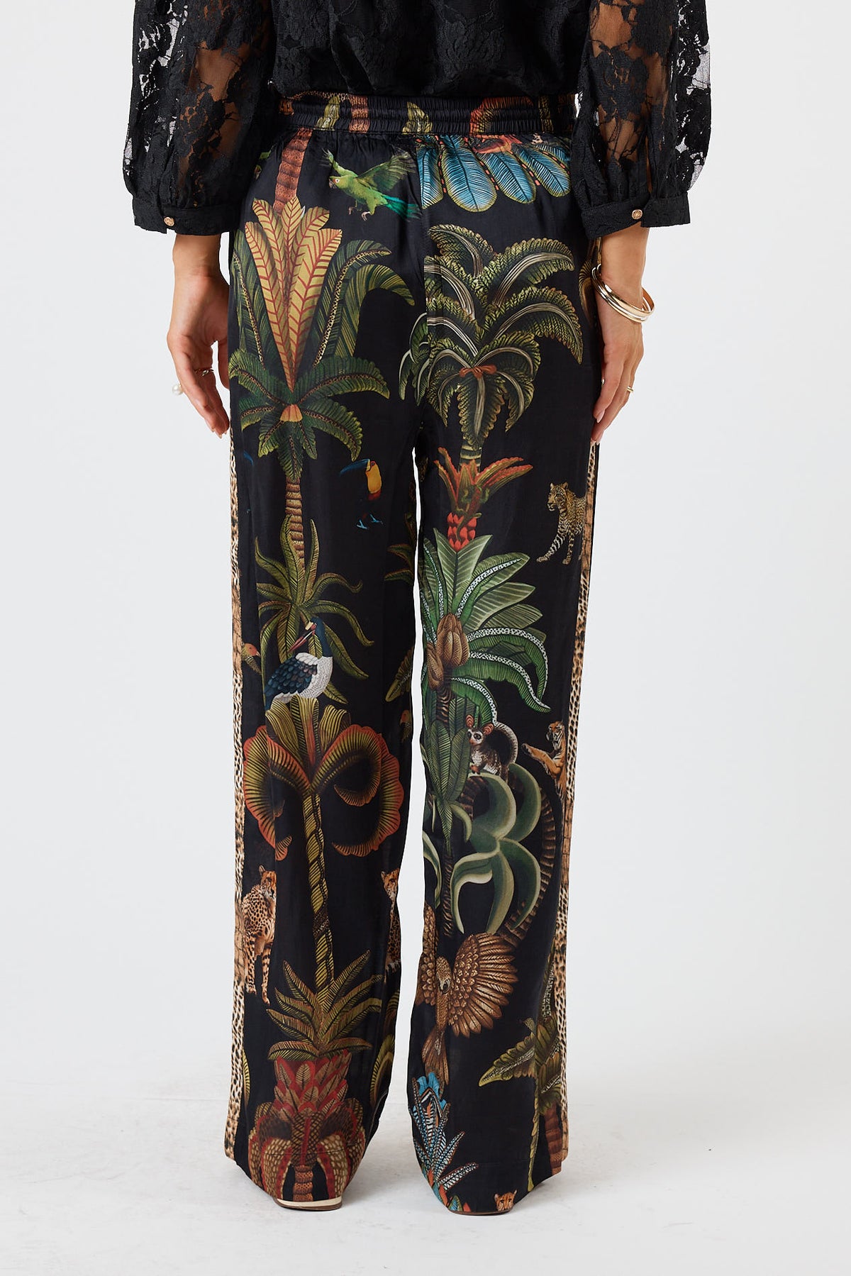 LulaSoul cheetah Vintage & retro all over jungle print statement bold Animal print with palms soft satin straight leg pant  Side stripe  women’s fashion matching set coordinates two piece black