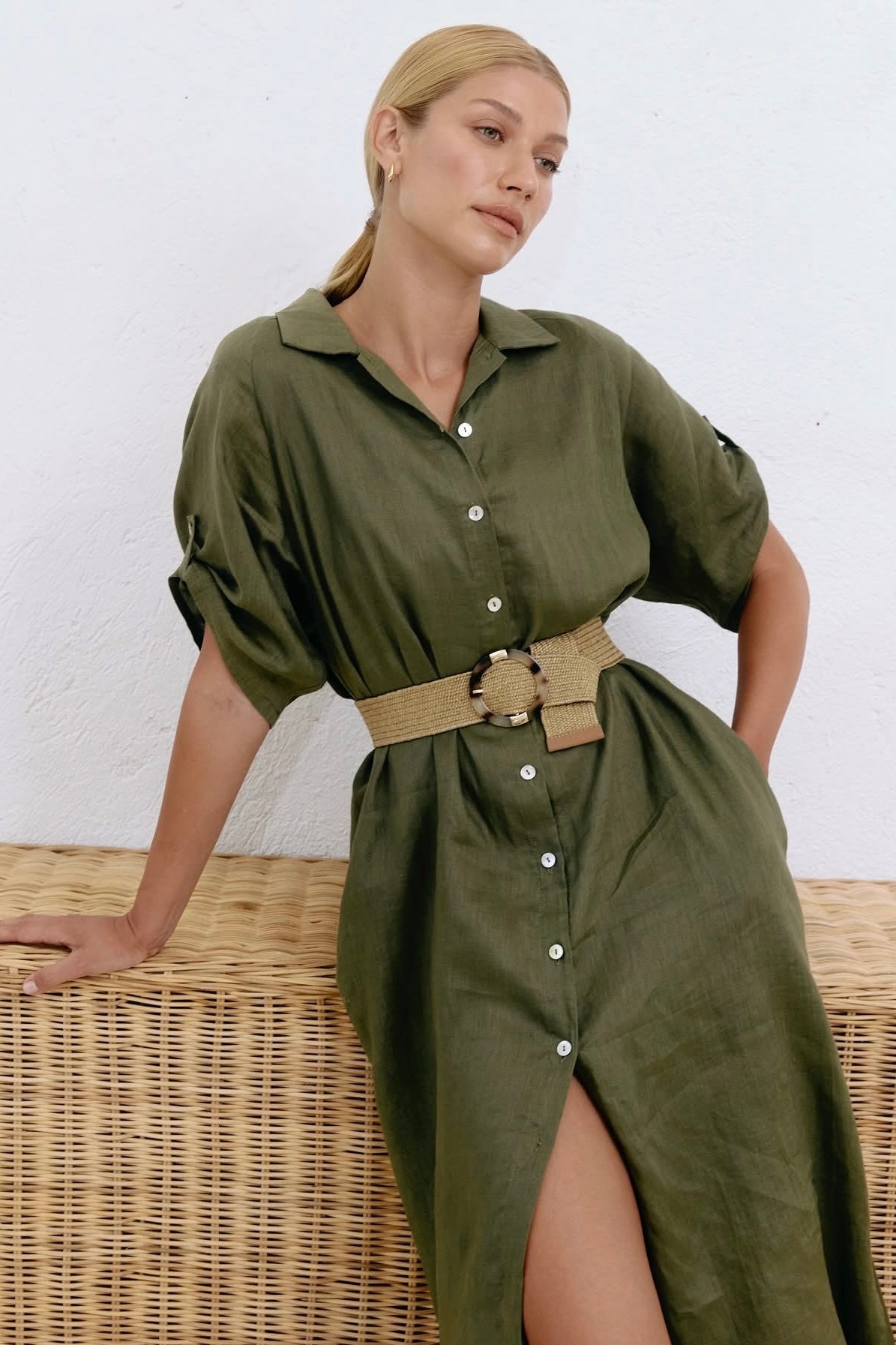 SALE - Studio Linen Shirt Dress - Khaki